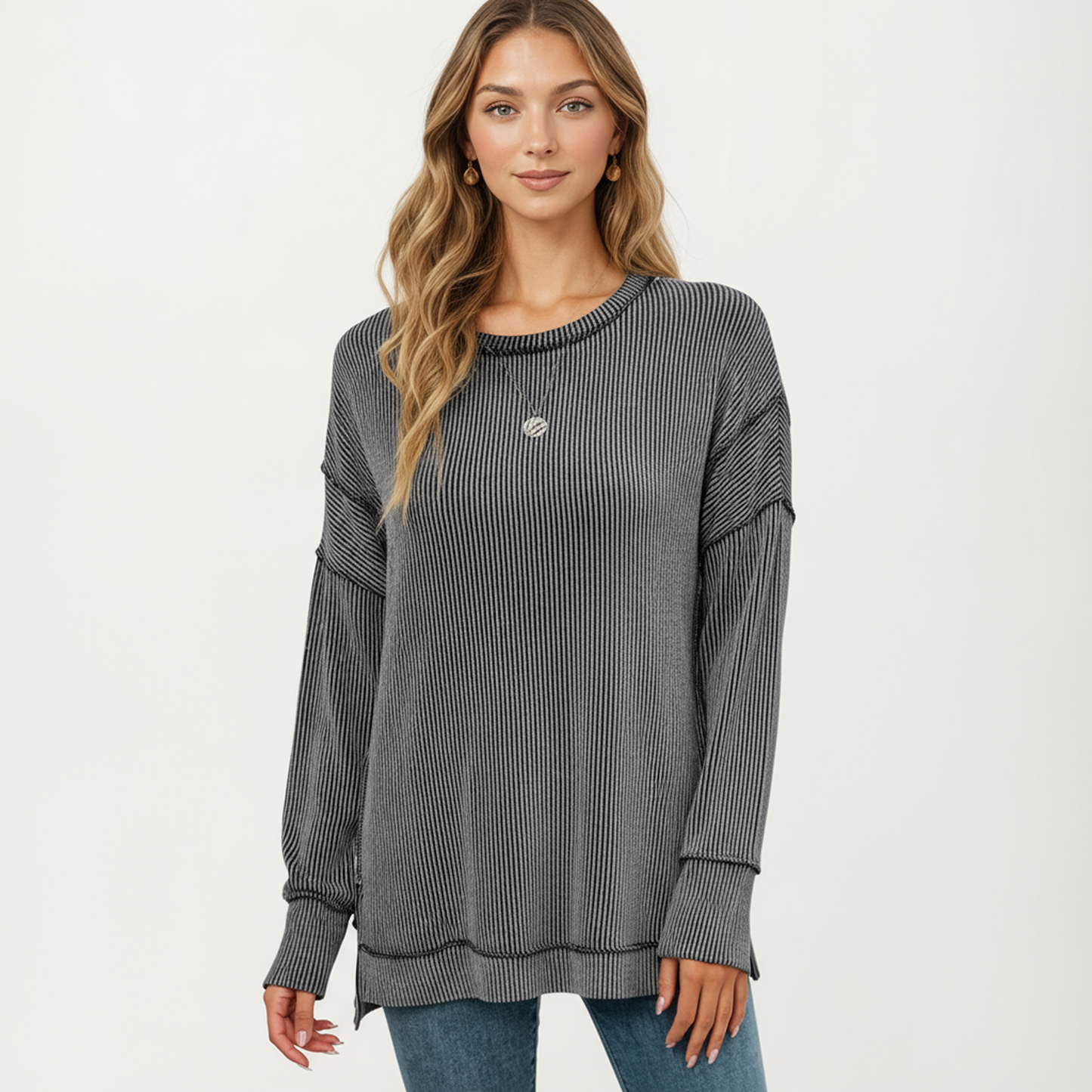 Anna-Kaci Women's Long Sleeve Ribbed Knit Pullover Top with Side Slit Detail