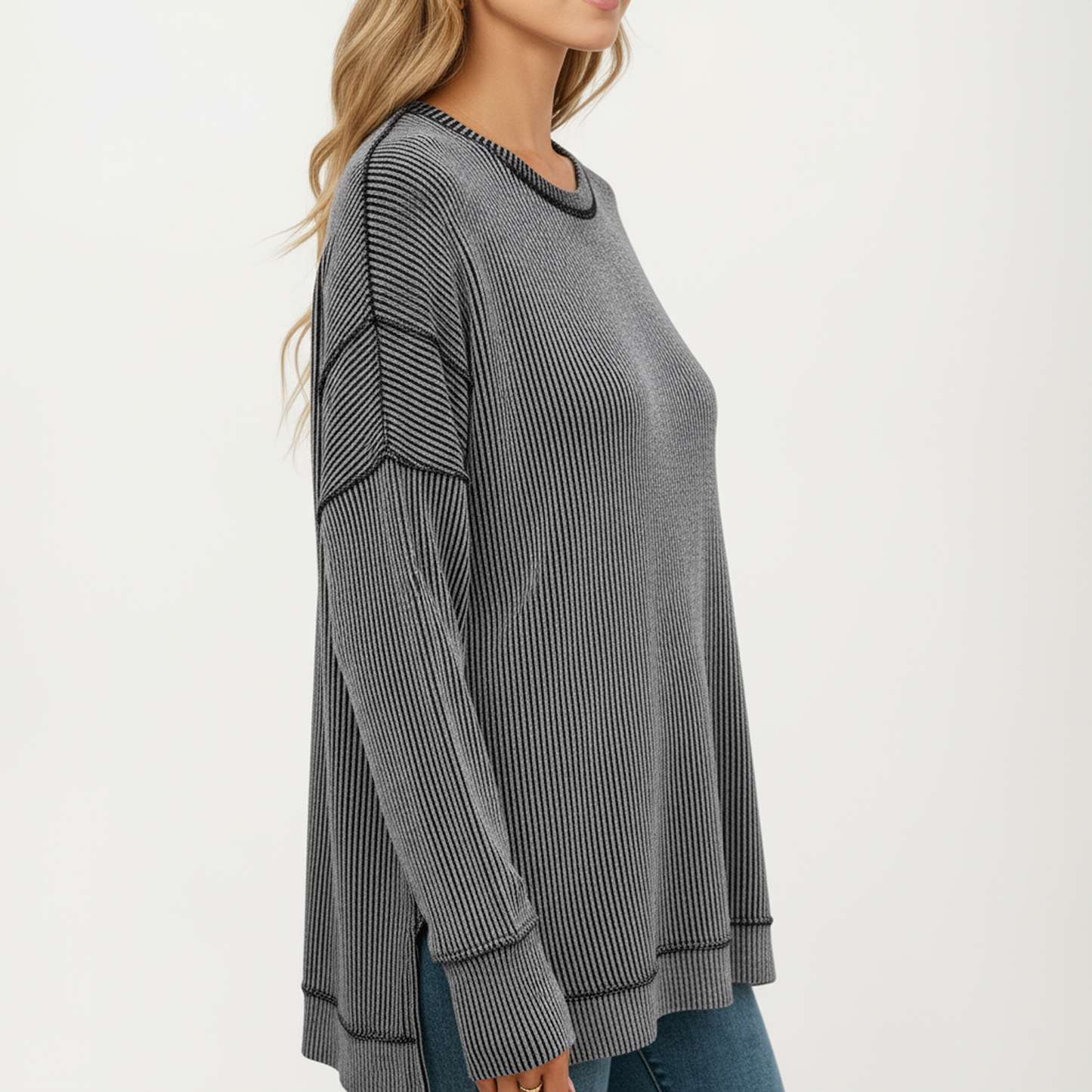 Anna-Kaci Women's Long Sleeve Ribbed Knit Pullover Top with Side Slit Detail