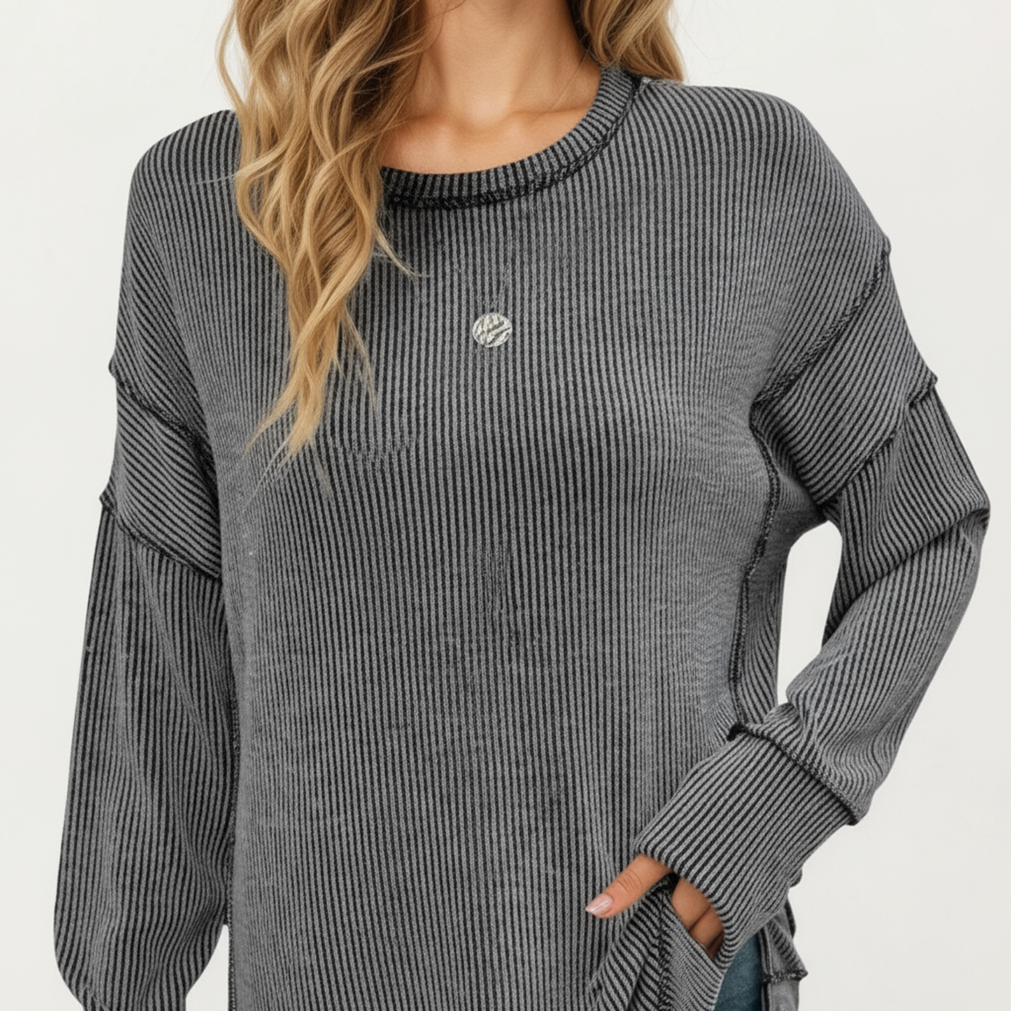 Anna-Kaci Women's Long Sleeve Ribbed Knit Pullover Top with Side Slit Detail