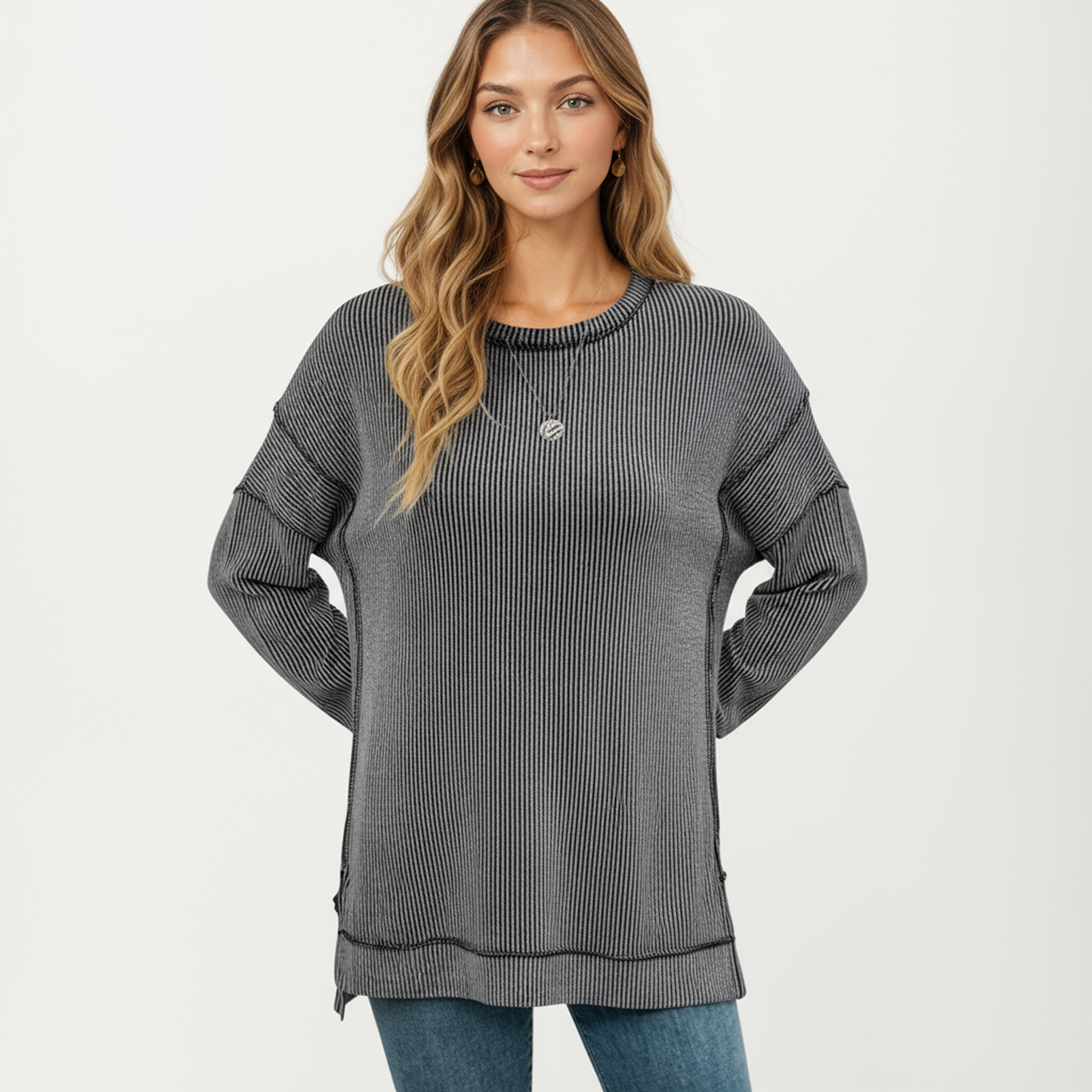 Anna-Kaci Women's Long Sleeve Ribbed Knit Pullover Top with Side Slit Detail
