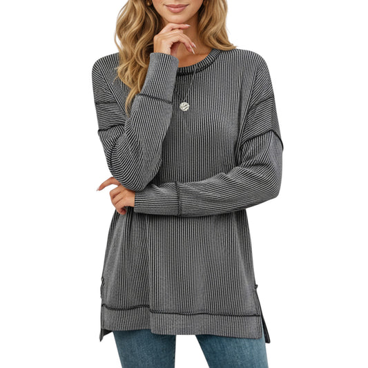 Anna-Kaci Women's Long Sleeve Ribbed Knit Pullover Top with Side Slit Detail