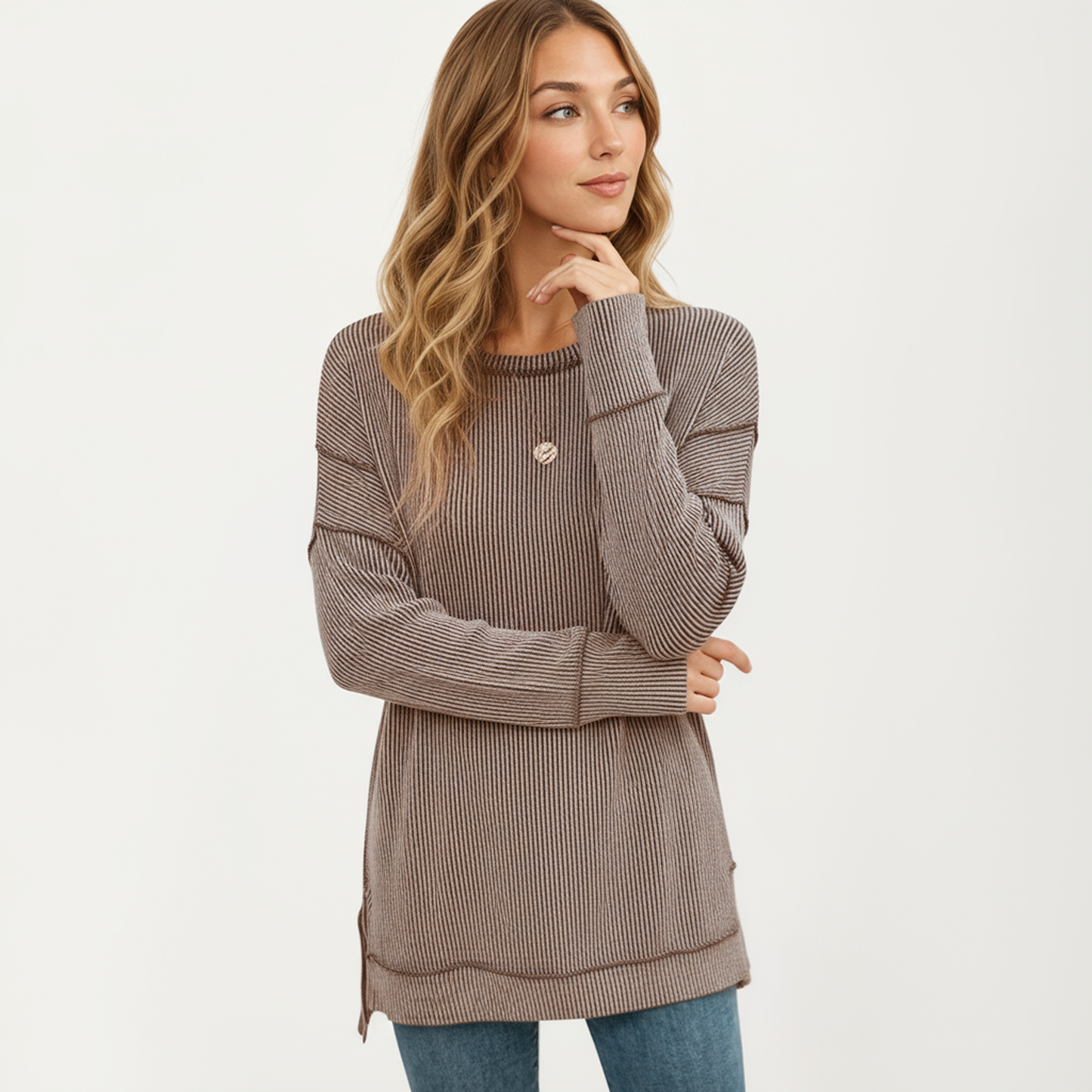 Anna-Kaci Women's Long Sleeve Ribbed Knit Pullover Top with Side Slit Detail