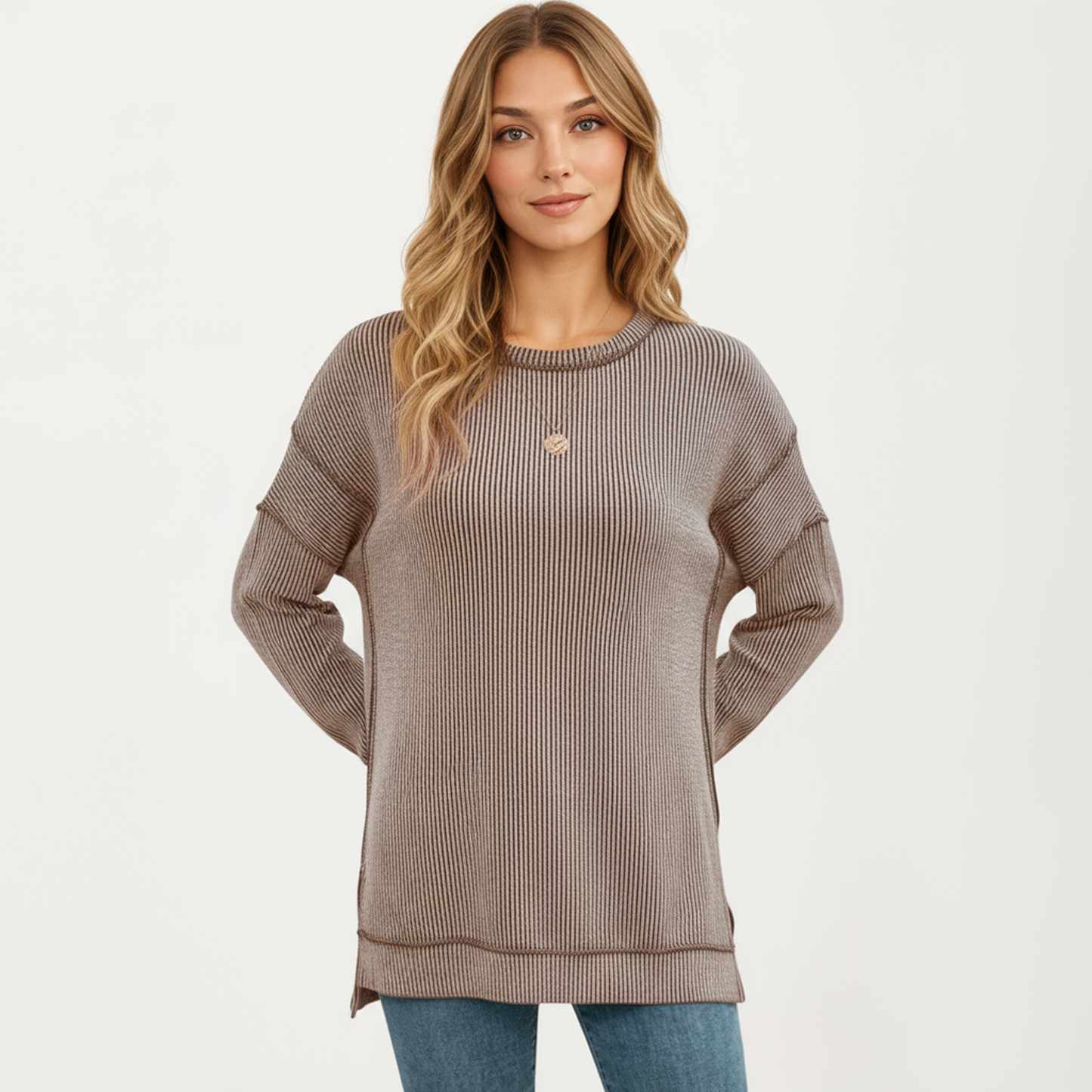 Anna-Kaci Women's Long Sleeve Ribbed Knit Pullover Top with Side Slit Detail