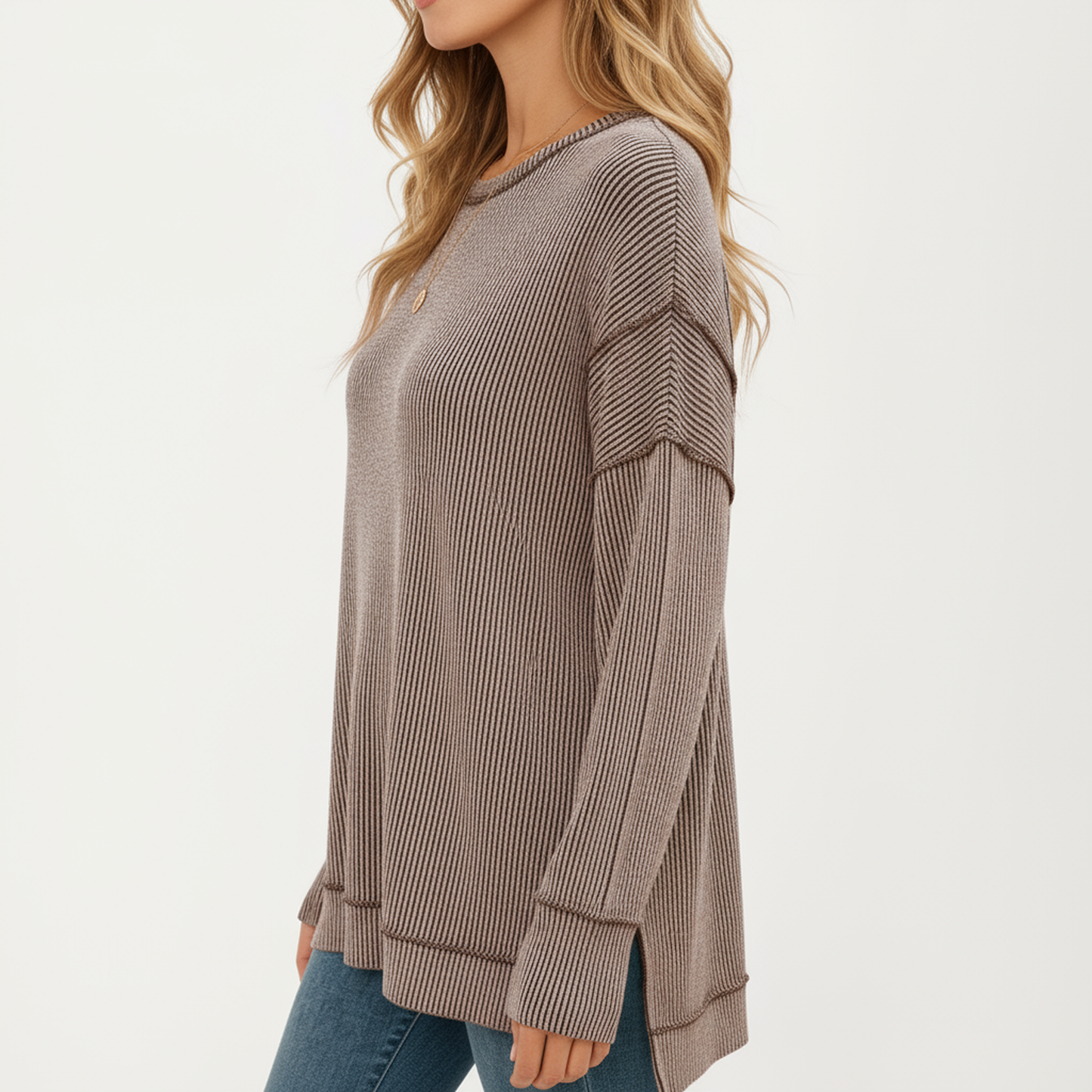 Anna-Kaci Women's Long Sleeve Ribbed Knit Pullover Top with Side Slit Detail