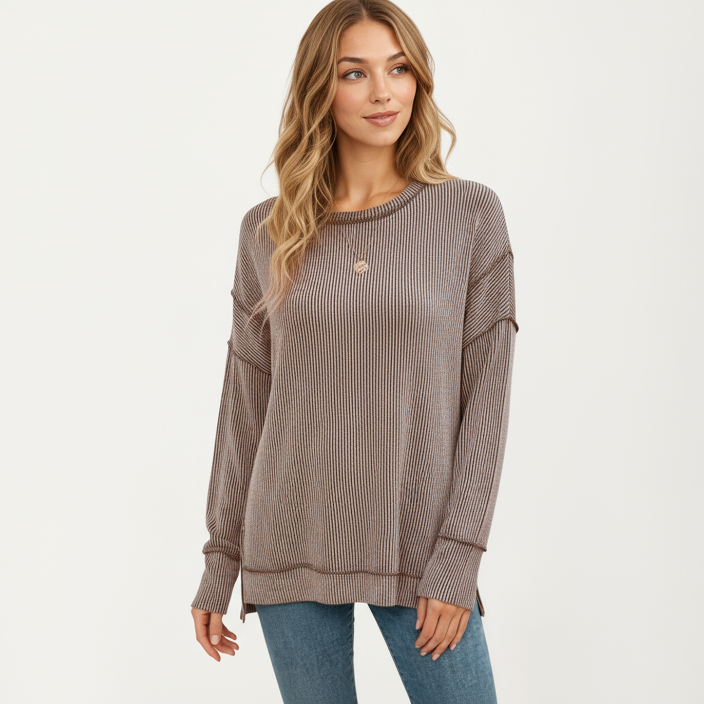 Anna-Kaci Women's Long Sleeve Ribbed Knit Pullover Top with Side Slit Detail