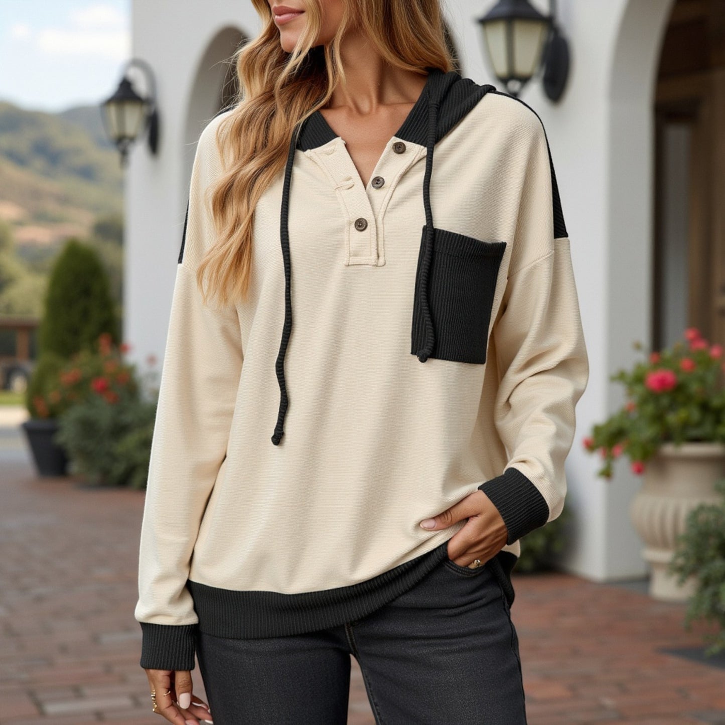 Anna-Kaci Women's Button Front Hooded Pullover with Front Pocket and Ribbed Trim