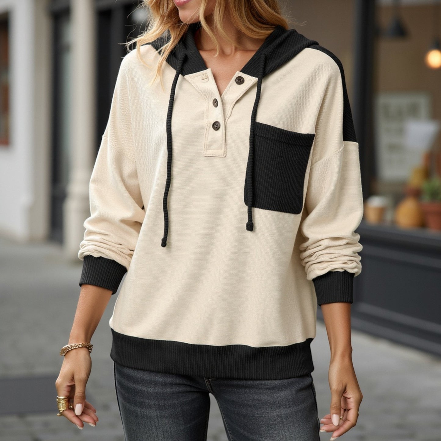 Anna-Kaci Women's Button Front Hooded Pullover with Front Pocket and Ribbed Trim