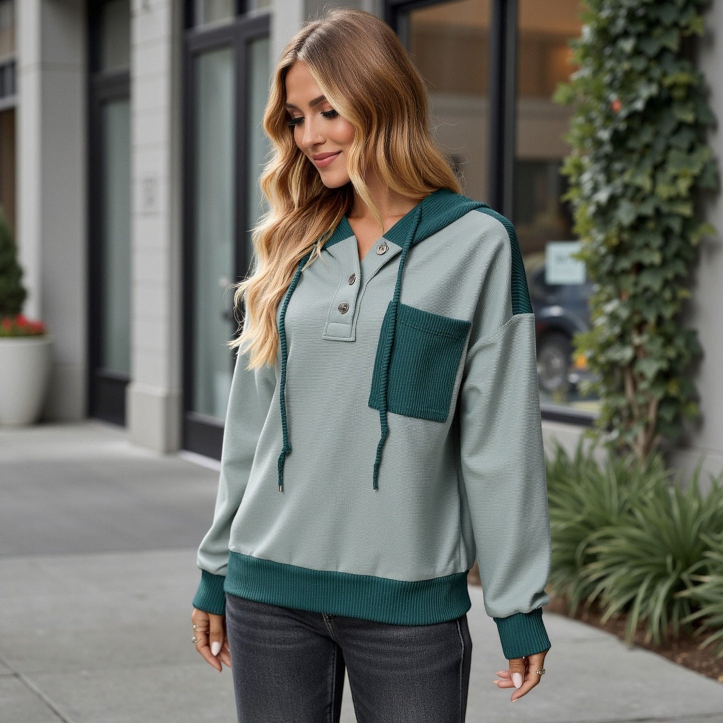 Anna-Kaci Women's Button Front Hooded Pullover with Front Pocket and Ribbed Trim