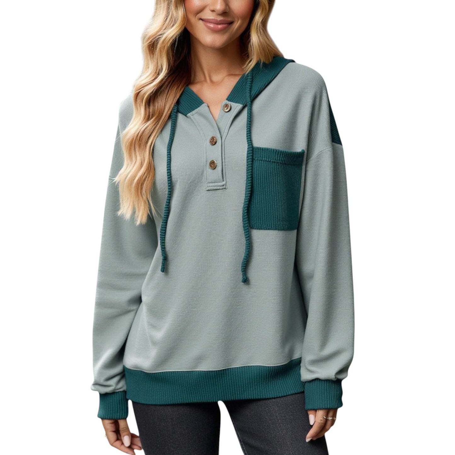 Anna-Kaci Women's Button Front Hooded Pullover with Front Pocket and Ribbed Trim