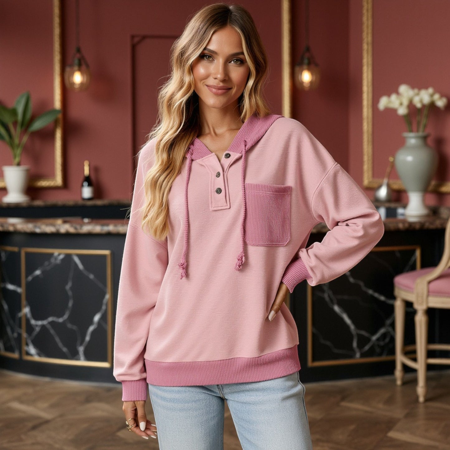Anna-Kaci Women's Button Front Hooded Pullover with Front Pocket and Ribbed Trim