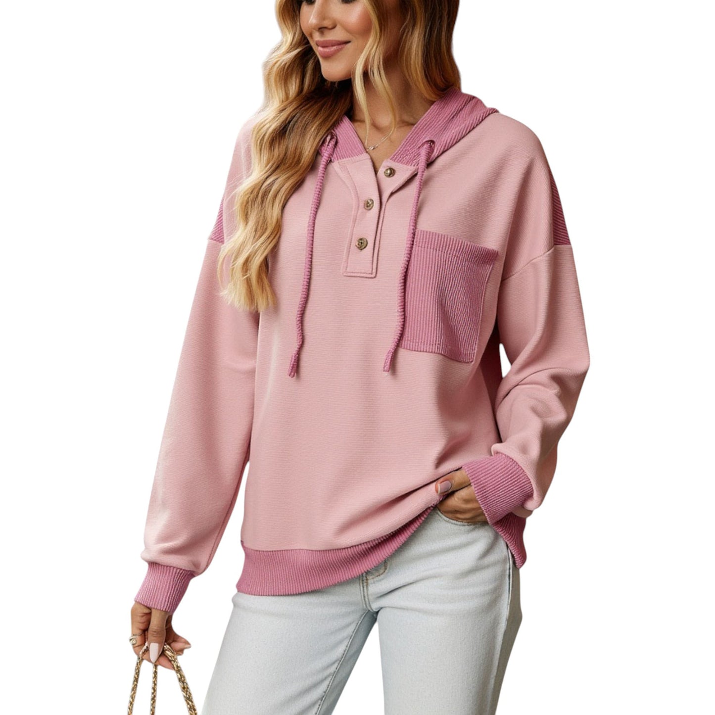 Anna-Kaci Women's Button Front Hooded Pullover with Front Pocket and Ribbed Trim