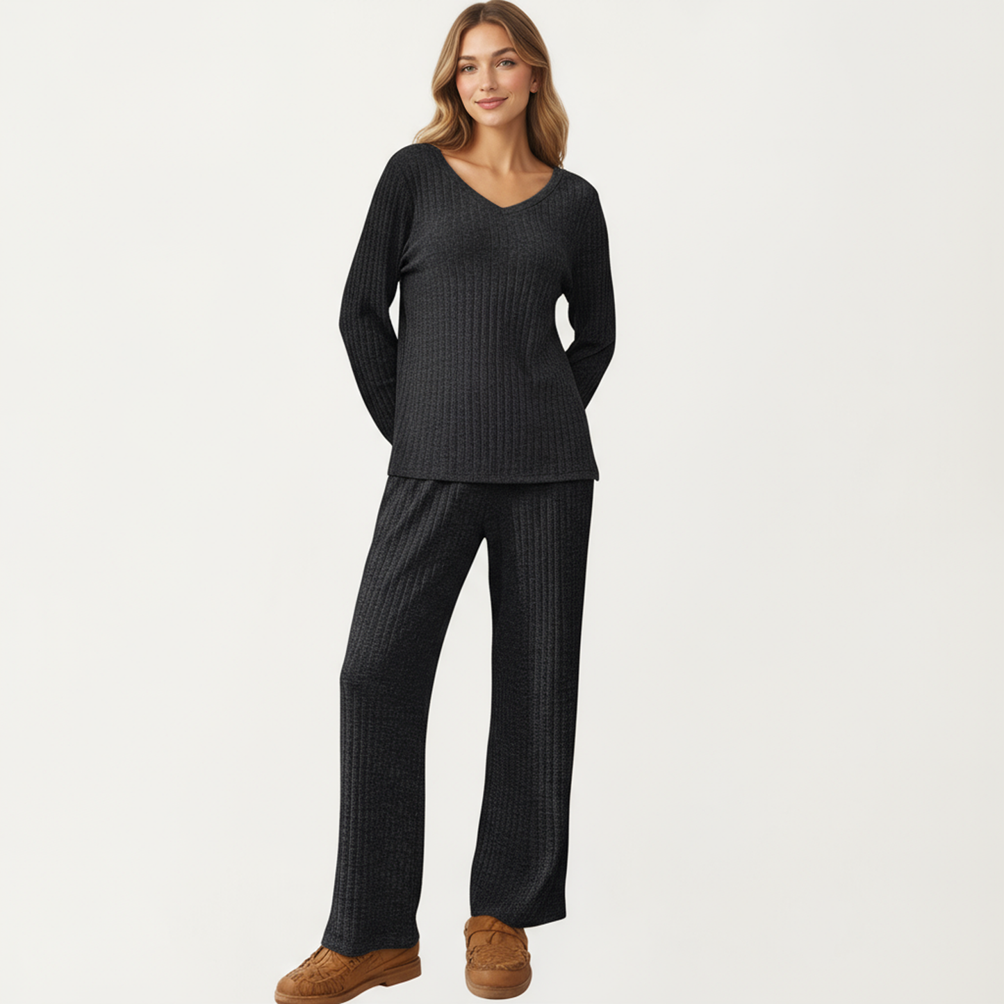 Anna-Kaci Women's 2-Piece Set Off-Shoulder Ribbed Knit Long Sleeve Top and Wide Leg Pants