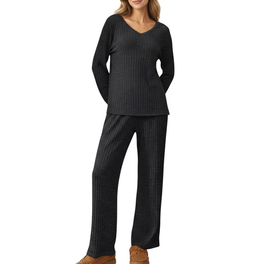 Anna-Kaci Women's 2-Piece Set Off-Shoulder Ribbed Knit Long Sleeve Top and Wide Leg Pants