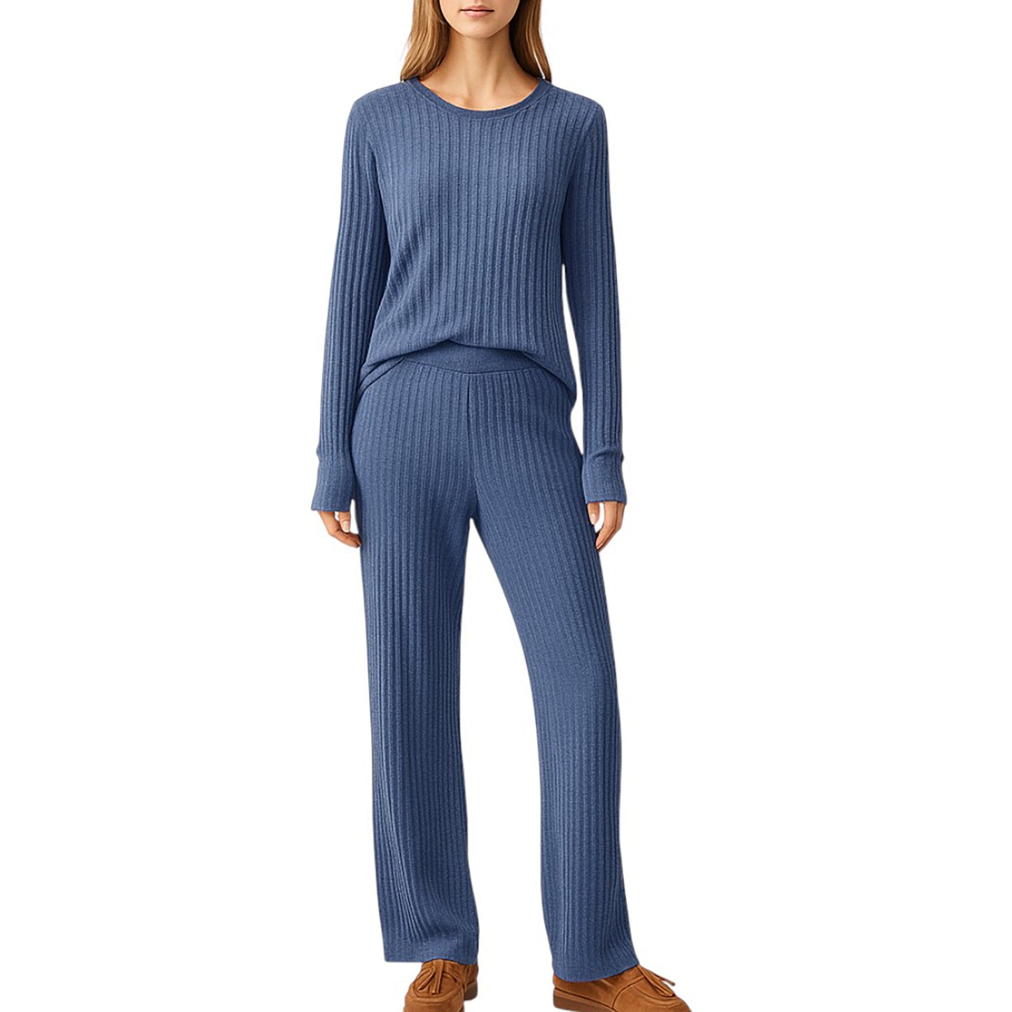 Anna-Kaci Women's 2-Piece Set Off-Shoulder Ribbed Knit Long Sleeve Top and Wide Leg Pants