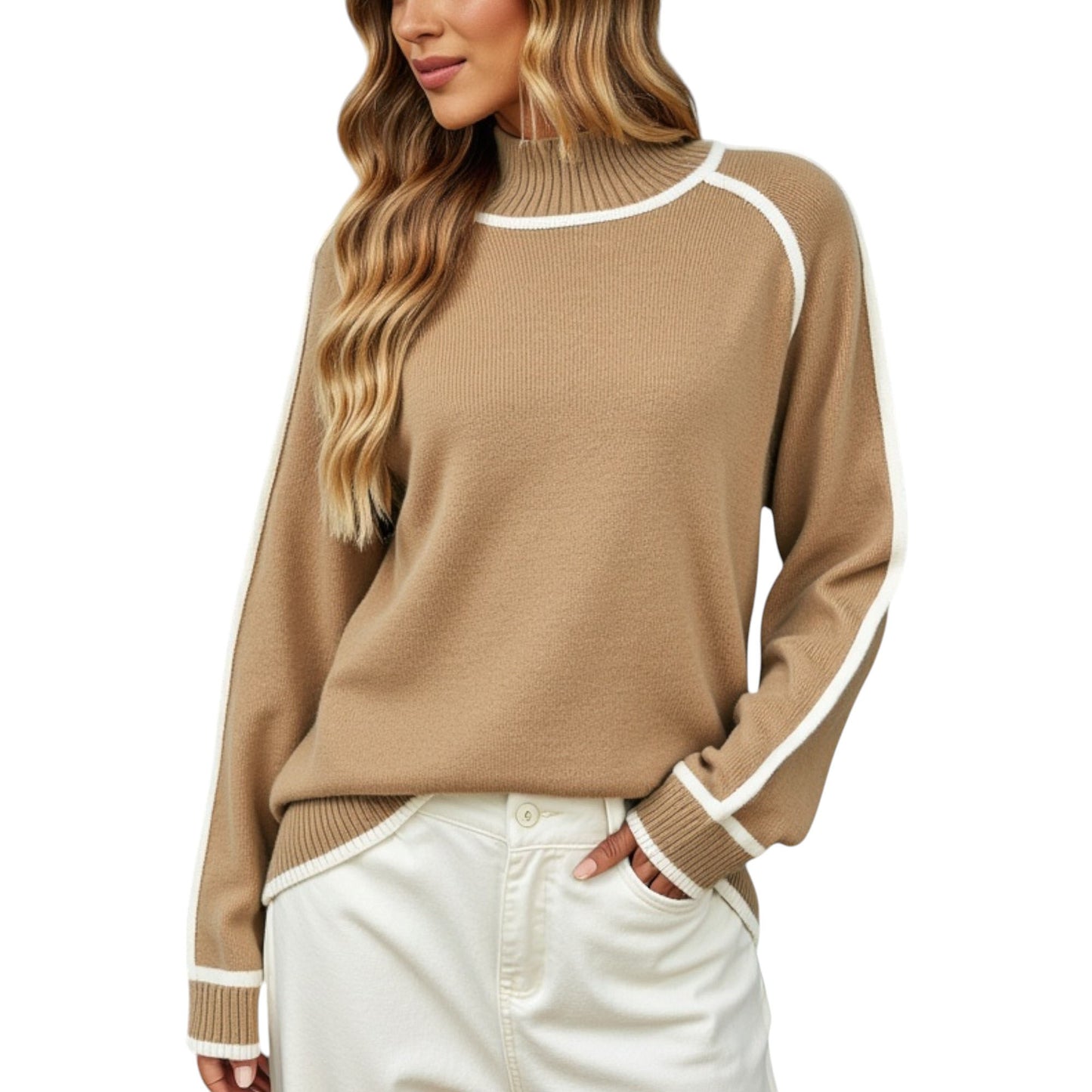 Anna-Kaci Women's Long Sleeve Knit Sweater with Contrast Trim and Mock Neck