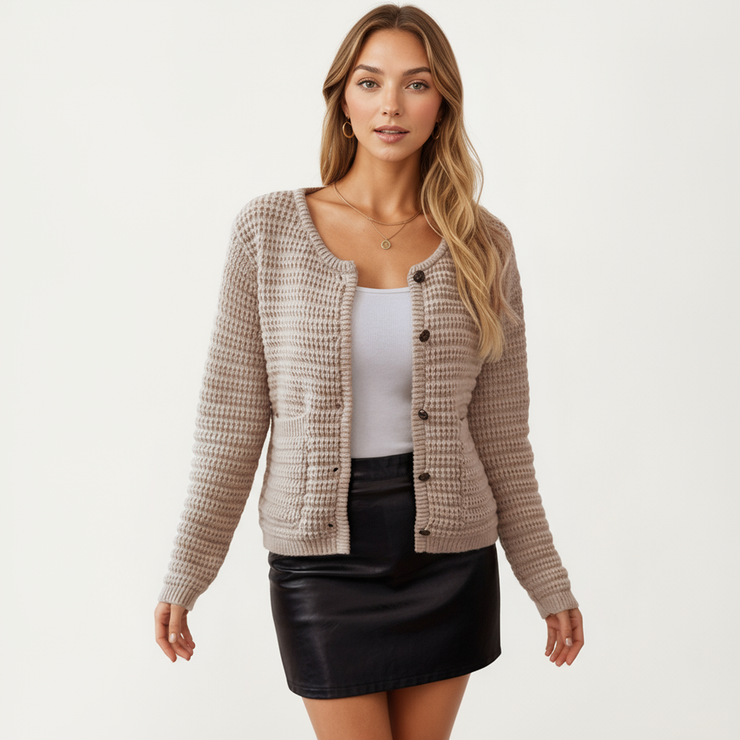 Anna-Kaci Women's Button Front Knit Cardigan with Long Sleeves and Textured Design