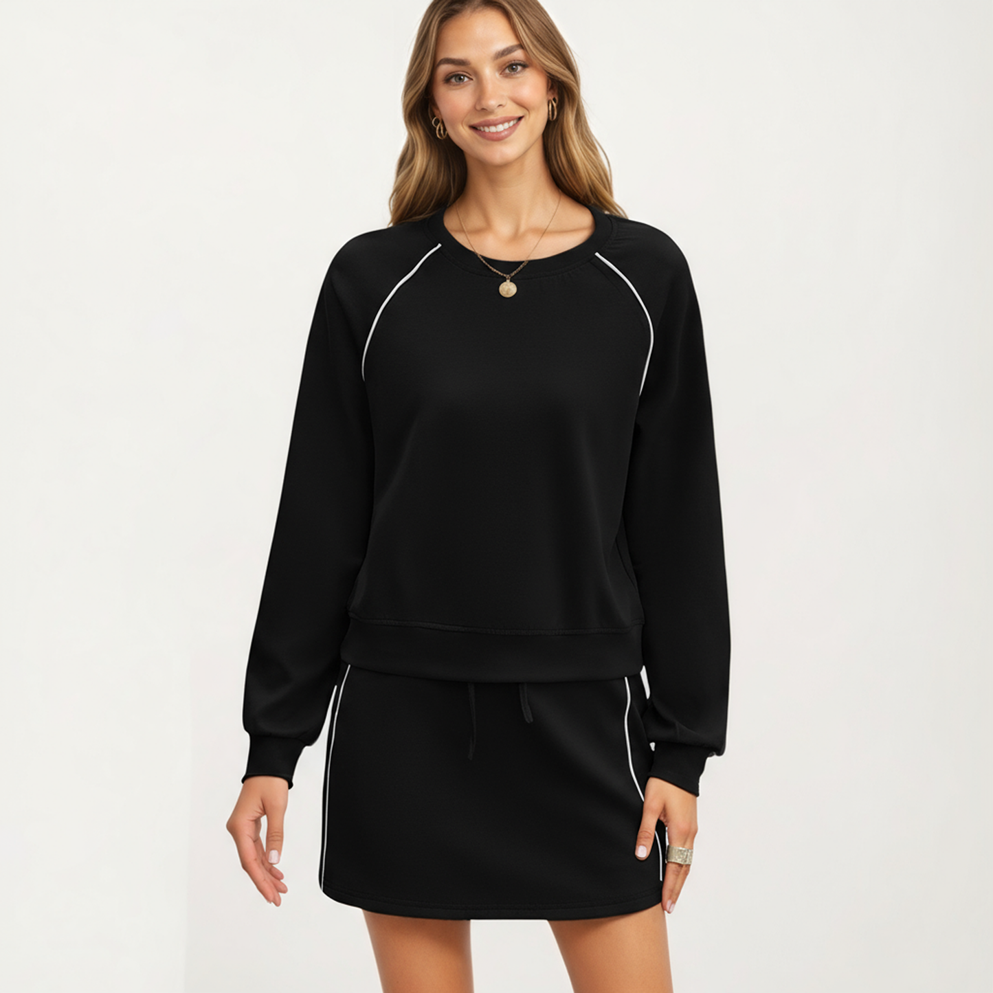 Anna-Kaci Women's 2-Piece Set Long Sleeve Pullover Top with Elastic Waist Mini Skirt