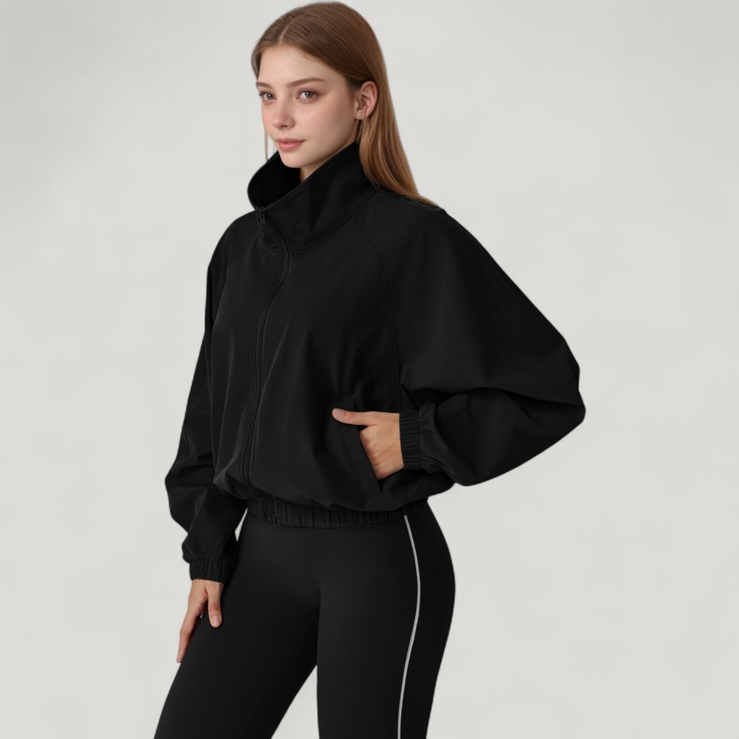 Anna-Kaci Active Women's Zip-Up Activewear Jacket with High Collar Long Sleeves and Relaxed Elastic Hem
