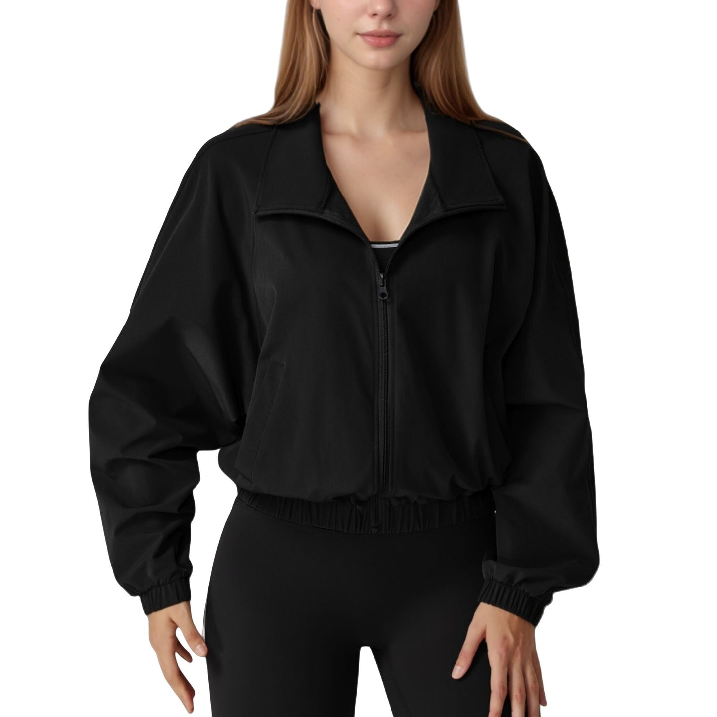 Anna-Kaci Active Women's Zip-Up Activewear Jacket with High Collar Long Sleeves and Relaxed Elastic Hem