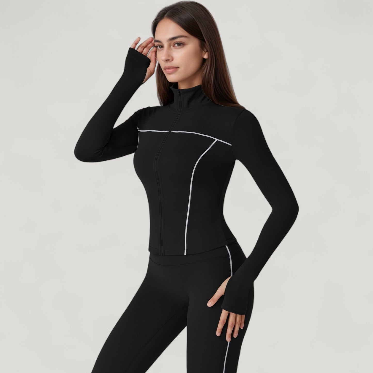Anna-Kaci Active Women's Fitted Zip-Up Activewear Jacket with High Collar Long Sleeves and Contour Seaming