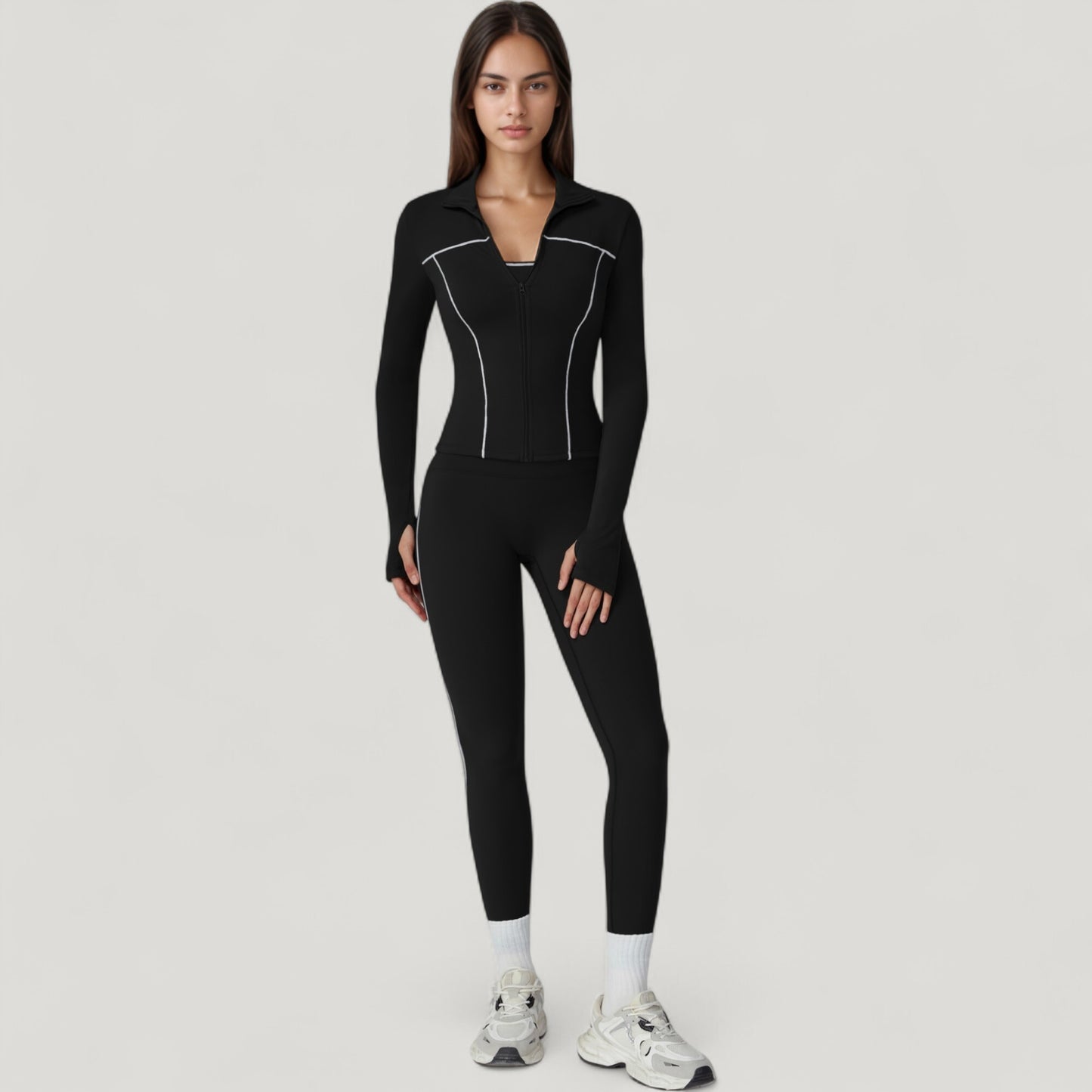 Anna-Kaci Active Women's Fitted Zip-Up Activewear Jacket with High Collar Long Sleeves and Contour Seaming