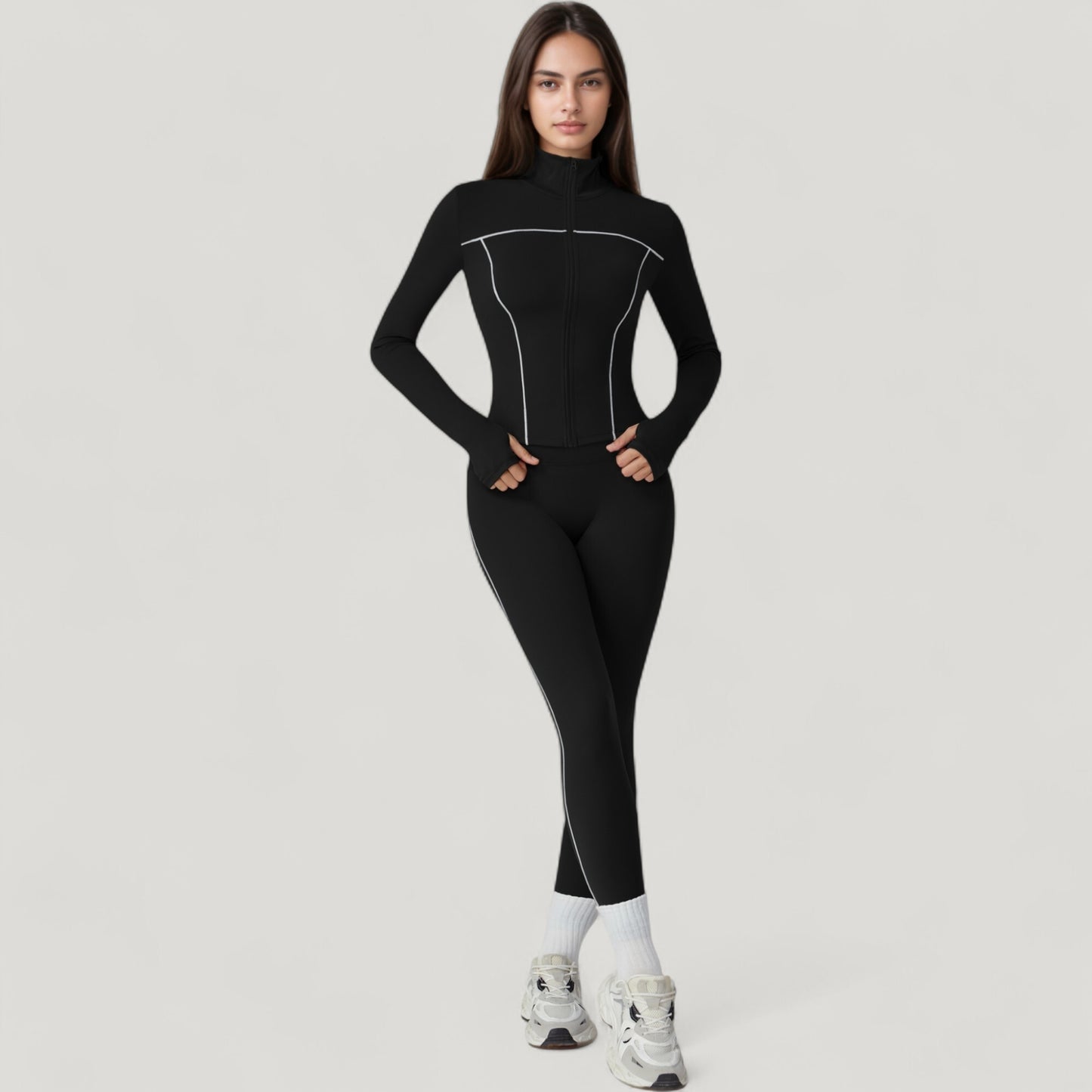 Anna-Kaci Active Women's Fitted Zip-Up Activewear Jacket with High Collar Long Sleeves and Contour Seaming