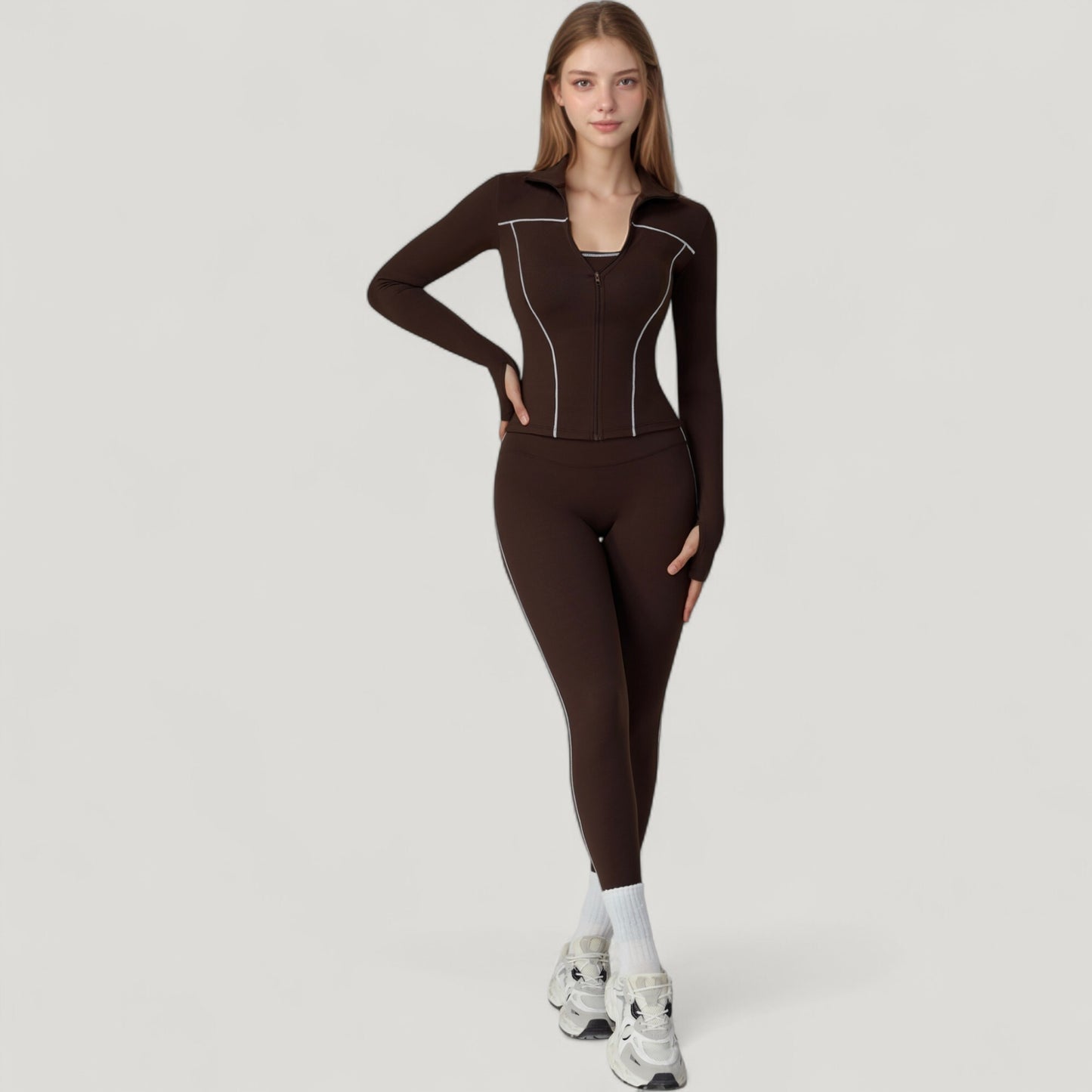Anna-Kaci Active Women's Fitted Zip-Up Activewear Jacket with High Collar Long Sleeves and Contour Seaming