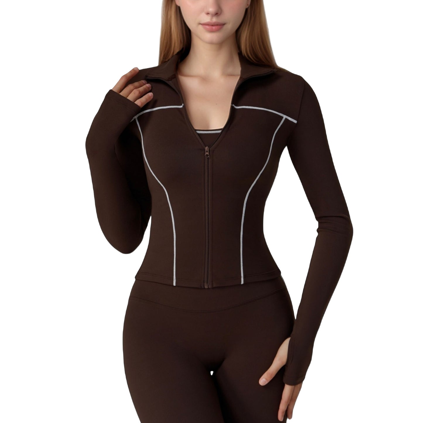 Anna-Kaci Active Women's Fitted Zip-Up Activewear Jacket with High Collar Long Sleeves and Contour Seaming
