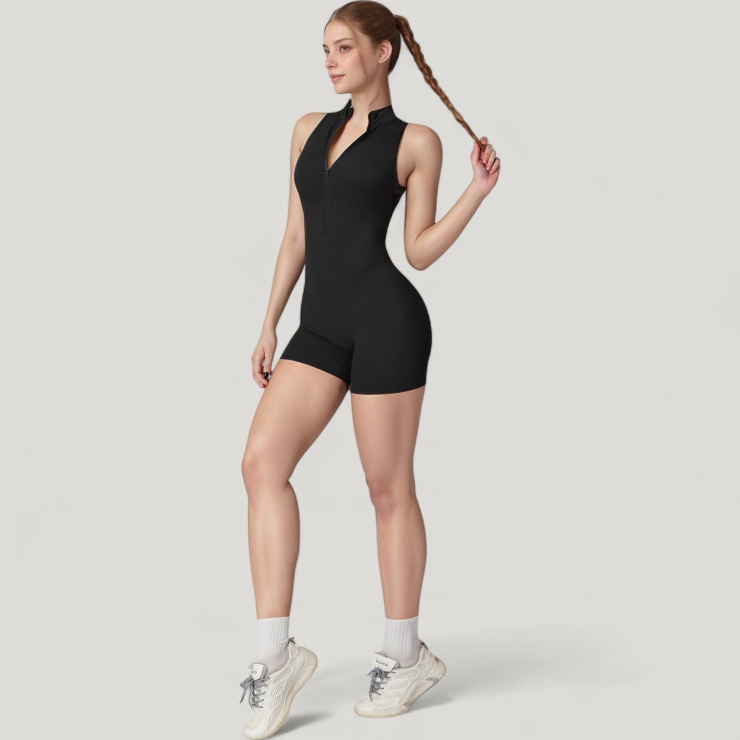 Anna-Kaci Active Women's Sleeveless Zip Front Activewear Romper with Open Back and Contoured Fit