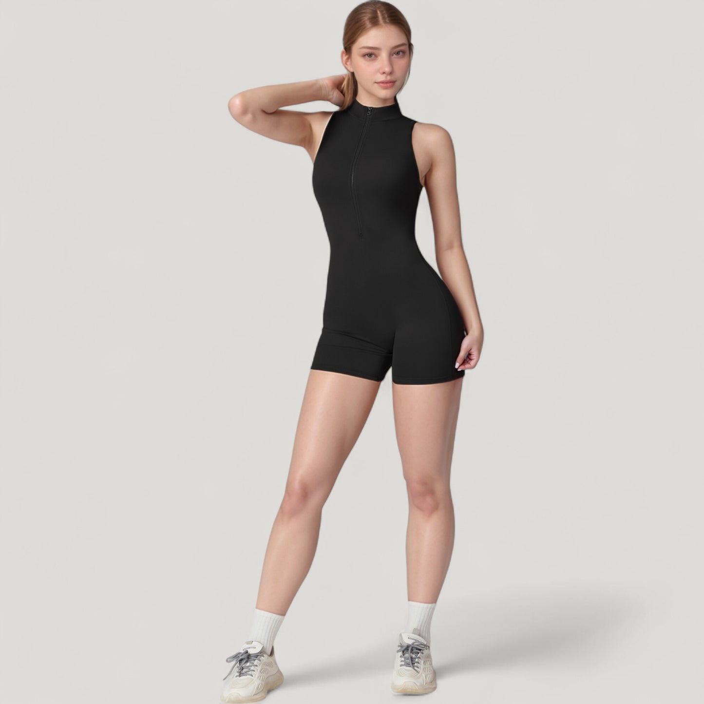 Anna-Kaci Active Women's Sleeveless Zip Front Activewear Romper with Open Back and Contoured Fit