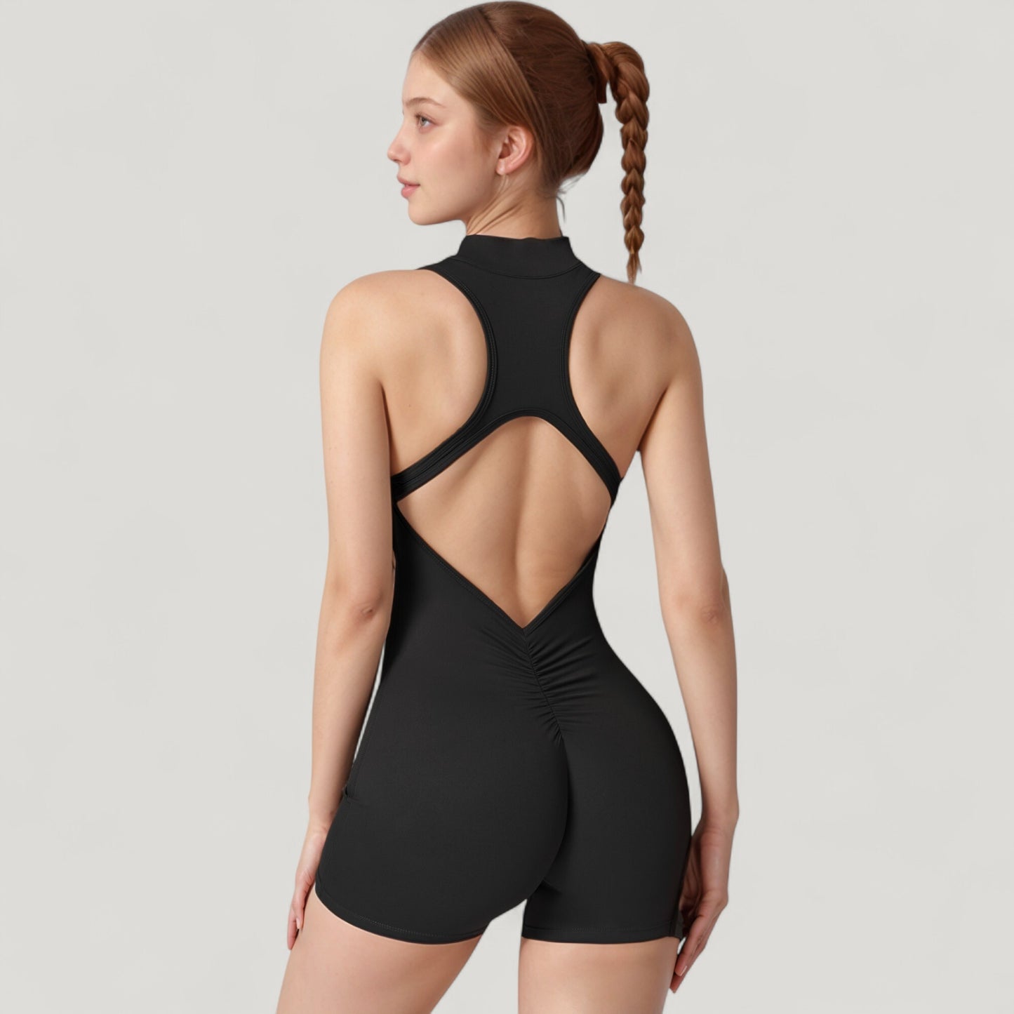 Anna-Kaci Active Women's Sleeveless Zip Front Activewear Romper with Open Back and Contoured Fit