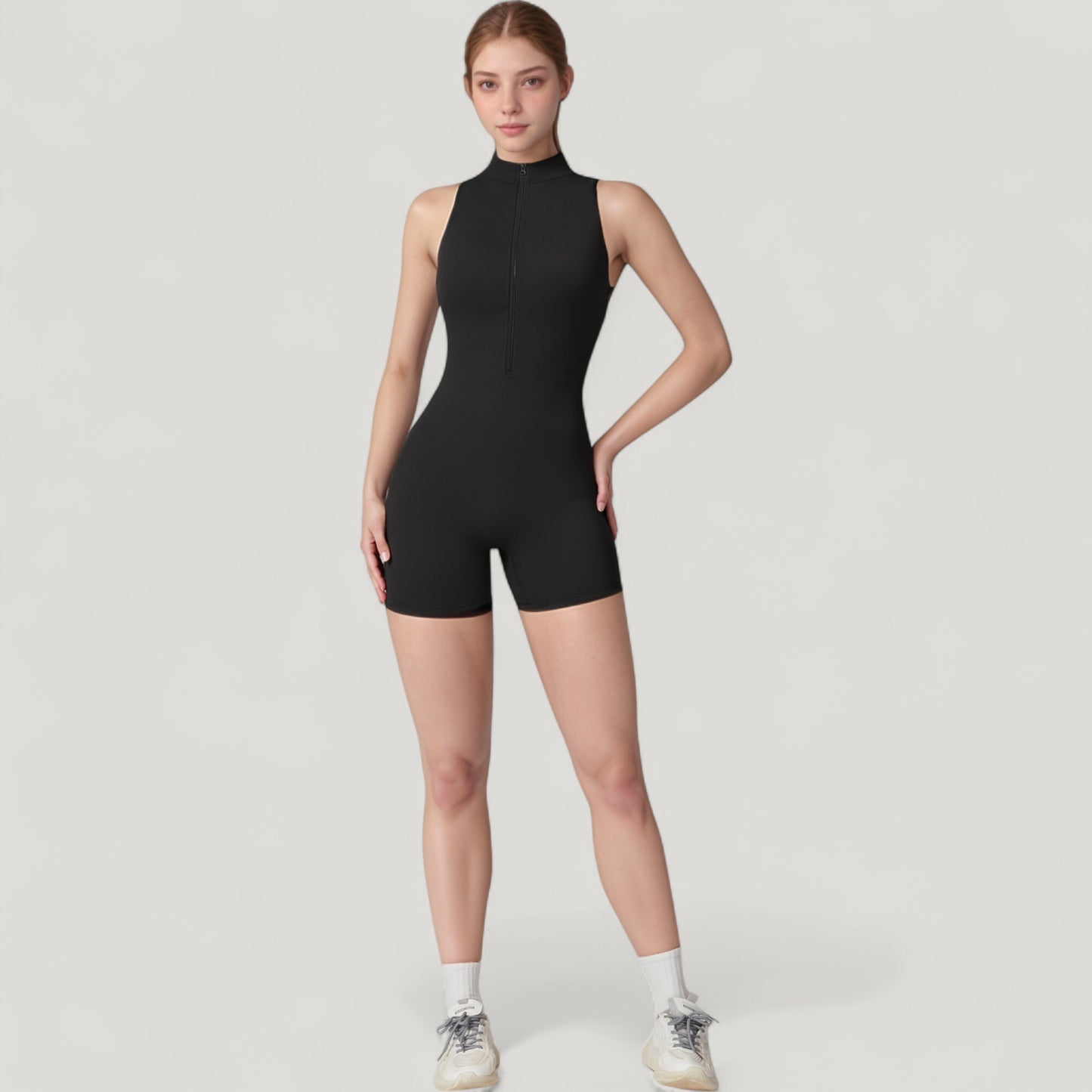 Anna-Kaci Active Women's Sleeveless Zip Front Activewear Romper with Open Back and Contoured Fit