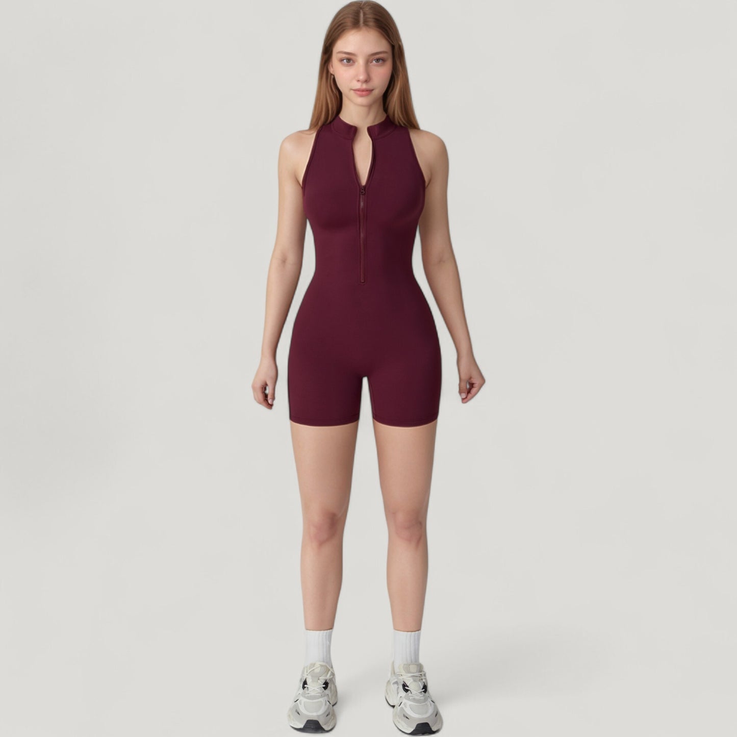 Anna-Kaci Active Women's Sleeveless Zip Front Activewear Romper with Open Back and Contoured Fit
