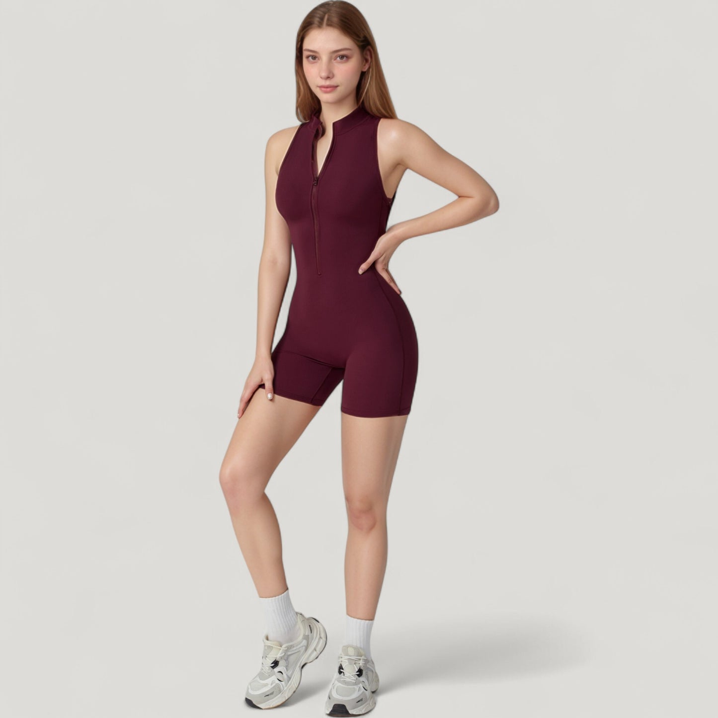 Anna-Kaci Active Women's Sleeveless Zip Front Activewear Romper with Open Back and Contoured Fit