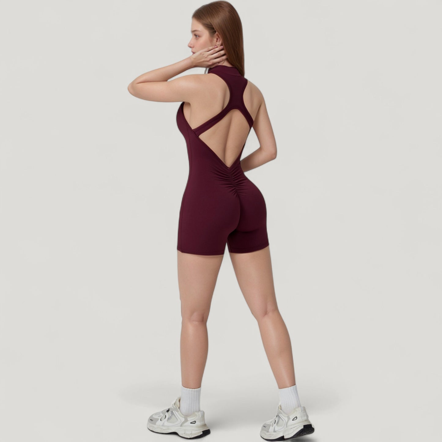 Anna-Kaci Active Women's Sleeveless Zip Front Activewear Romper with Open Back and Contoured Fit