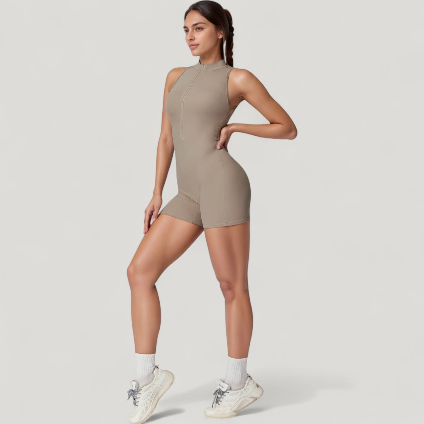 Anna-Kaci Active Women's Sleeveless Zip Front Activewear Romper with Open Back and Contoured Fit