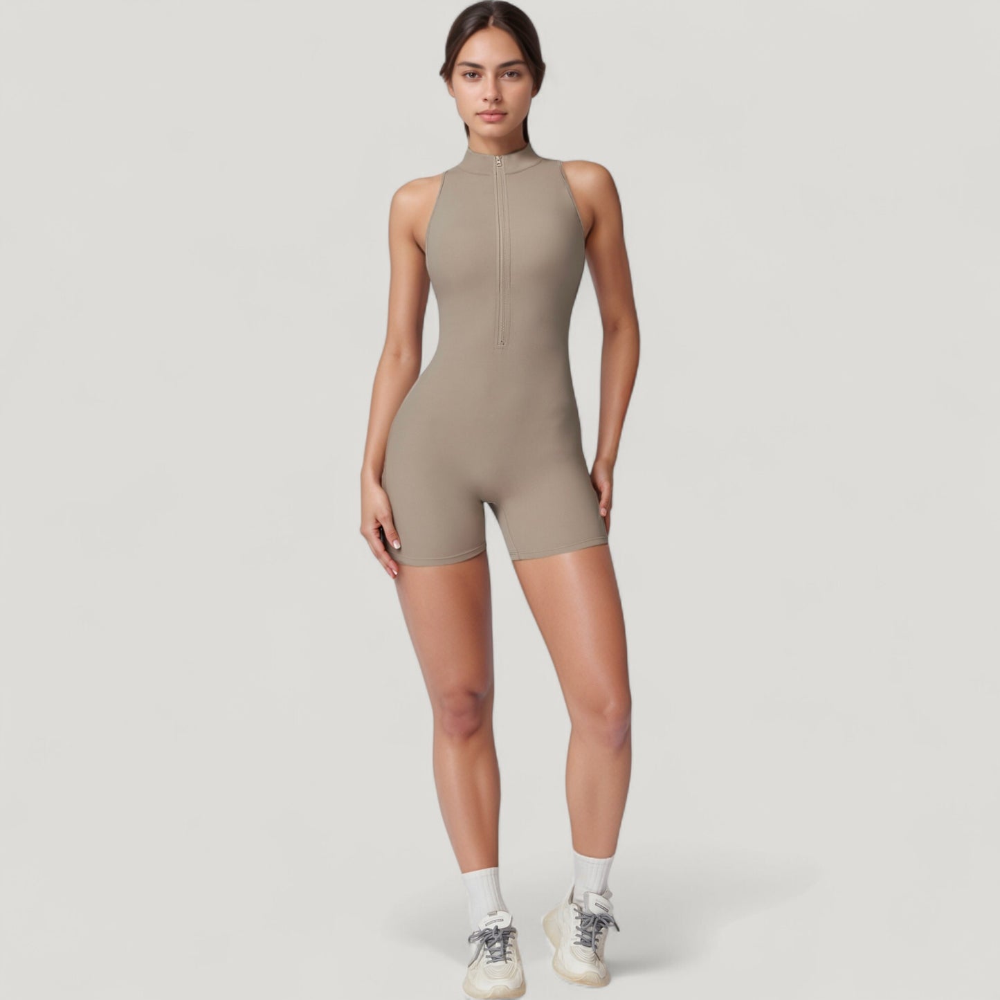 Anna-Kaci Active Women's Sleeveless Zip Front Activewear Romper with Open Back and Contoured Fit