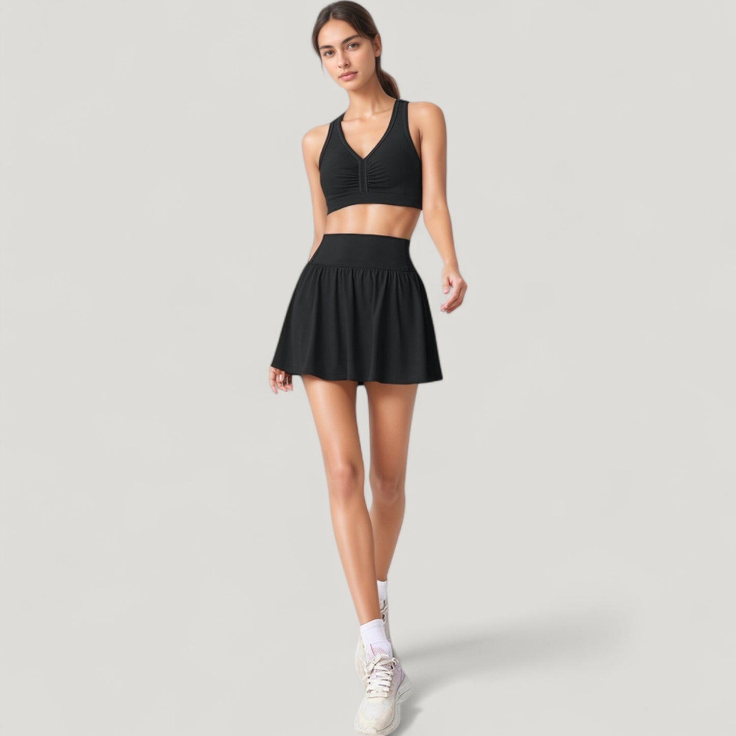 Anna-Kaci Women's High Waist Pleated Athletic Skirt and Ruched Sports Bra Set with Wide Waistband and Stretch Fit