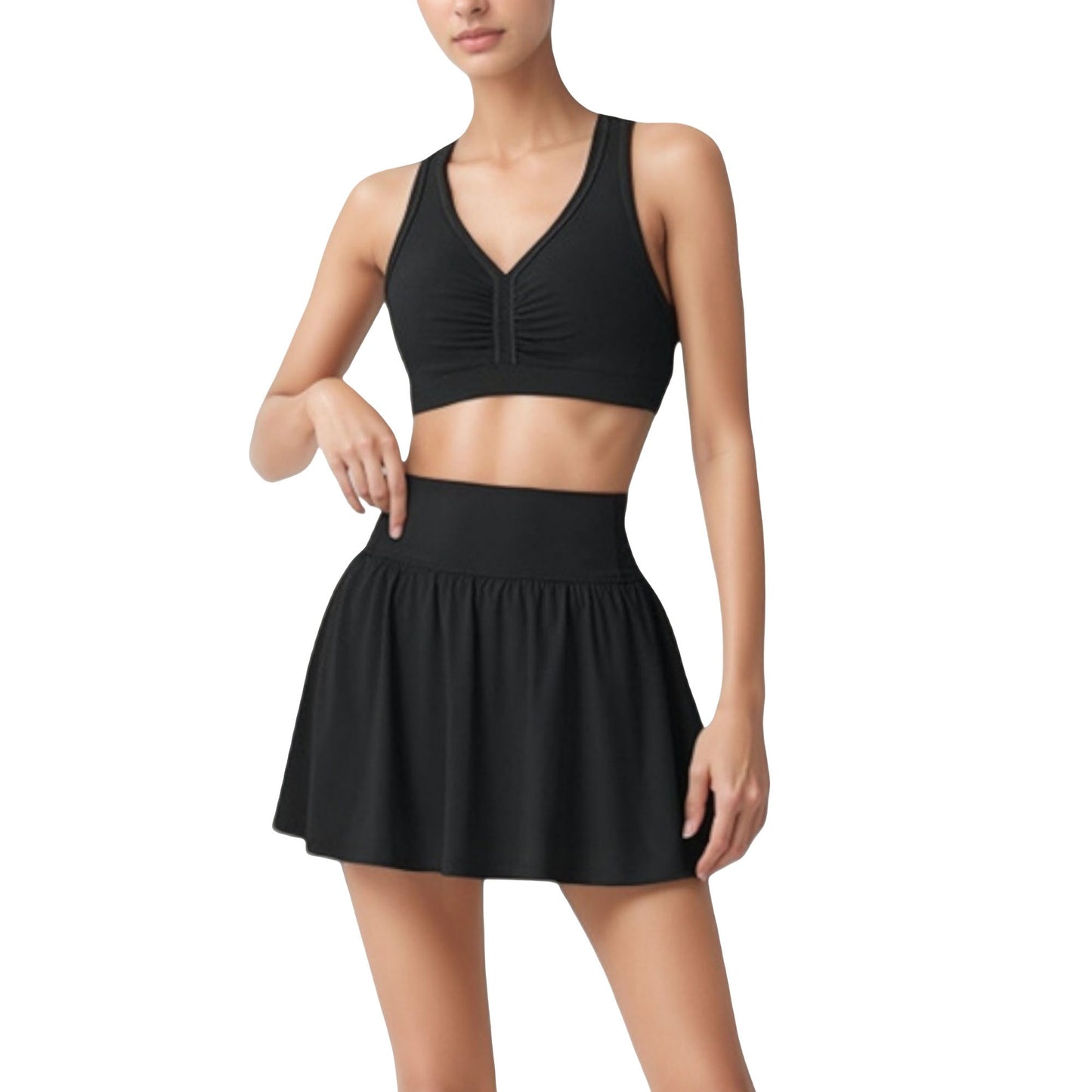 Anna-Kaci Women's High Waist Pleated Athletic Skirt and Ruched Sports Bra Set with Wide Waistband and Stretch Fit