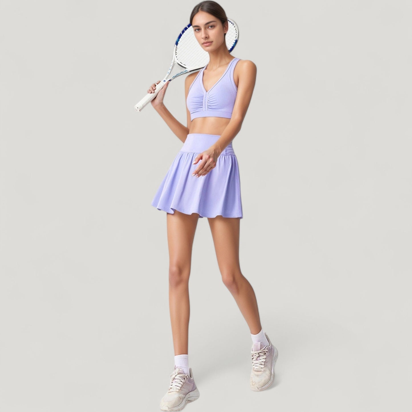 Anna-Kaci Women's High Waist Pleated Athletic Skirt and Ruched Sports Bra Set with Wide Waistband and Stretch Fit