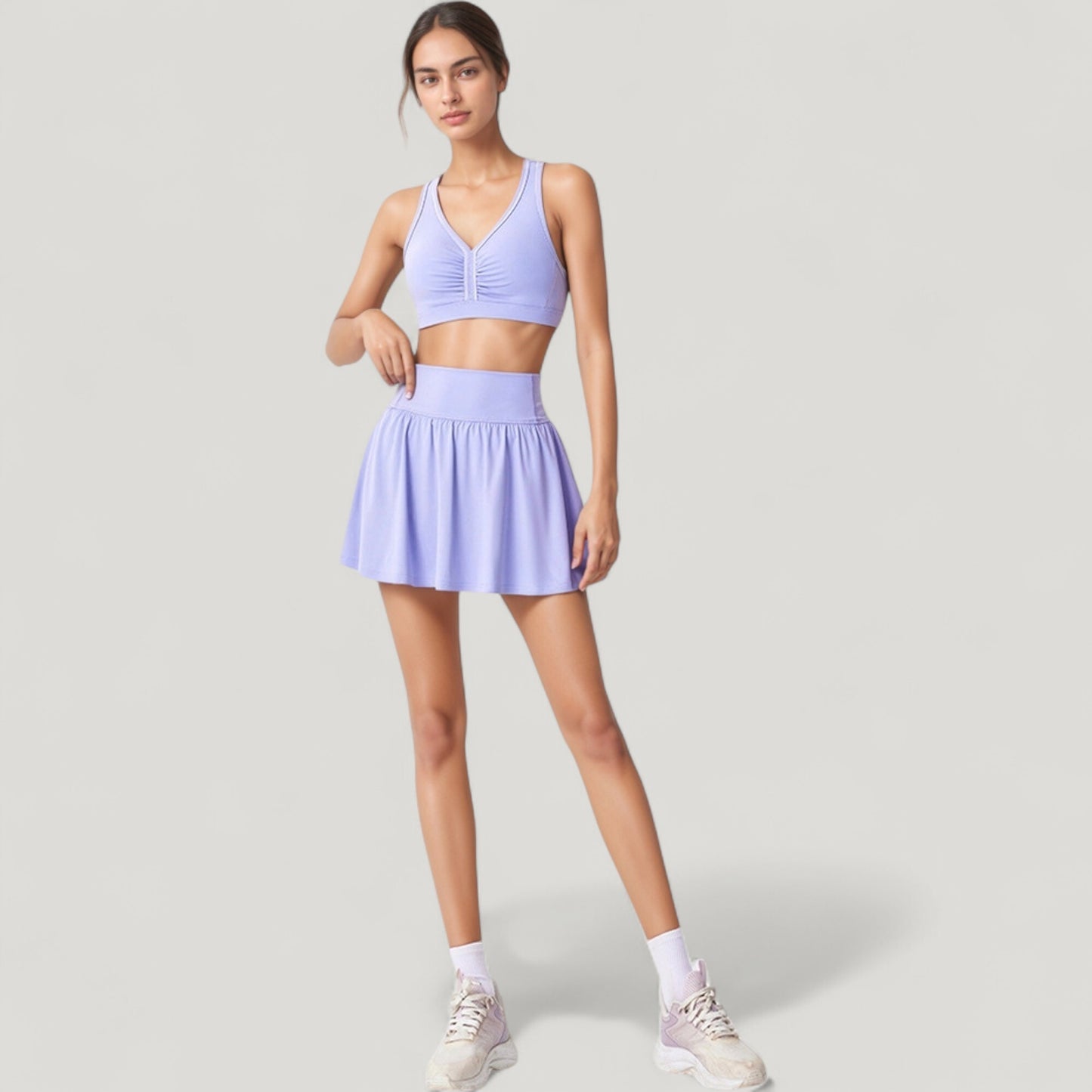 Anna-Kaci Women's High Waist Pleated Athletic Skirt and Ruched Sports Bra Set with Wide Waistband and Stretch Fit