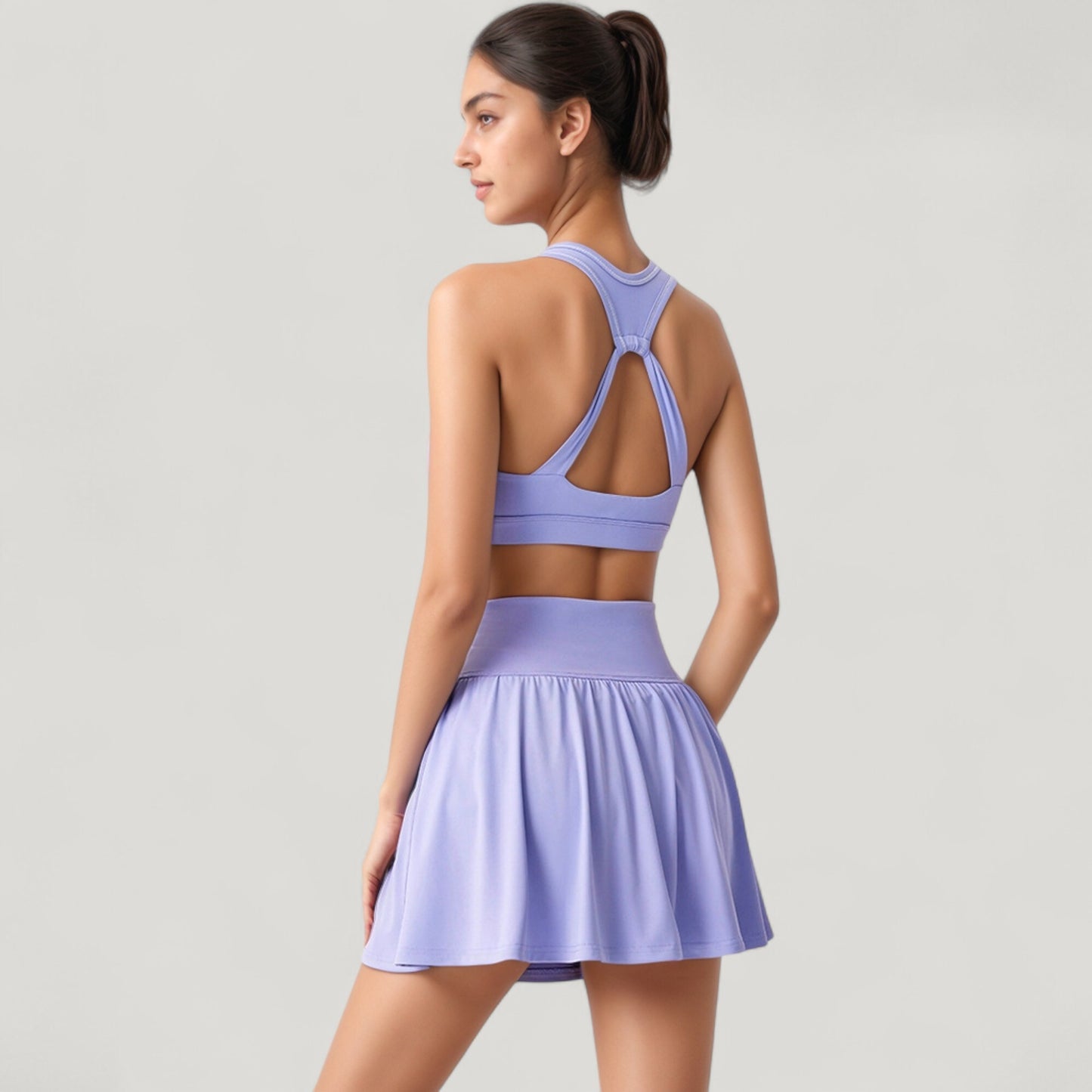 Anna-Kaci Women's High Waist Pleated Athletic Skirt and Ruched Sports Bra Set with Wide Waistband and Stretch Fit
