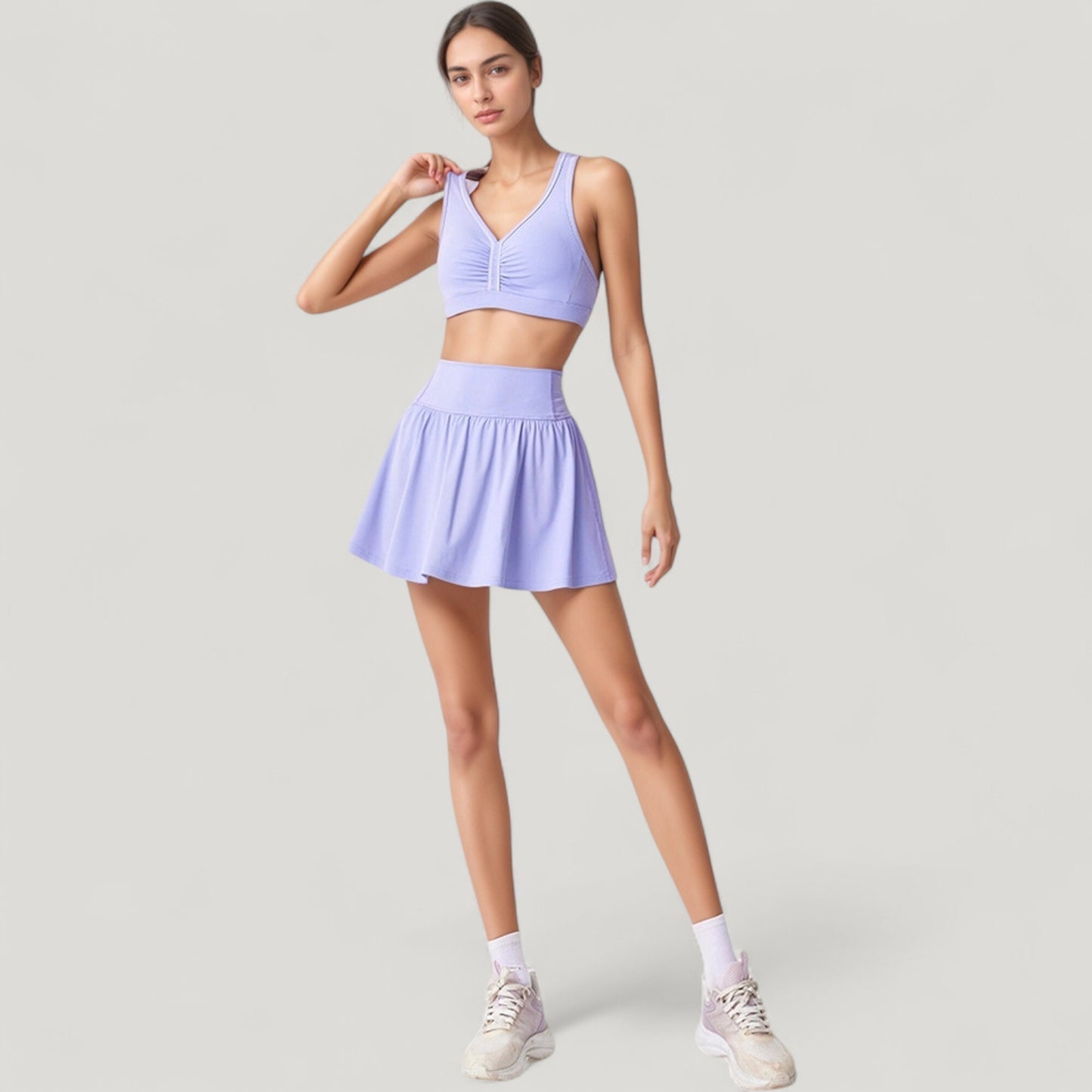 Anna-Kaci Women's High Waist Pleated Athletic Skirt and Ruched Sports Bra Set with Wide Waistband and Stretch Fit