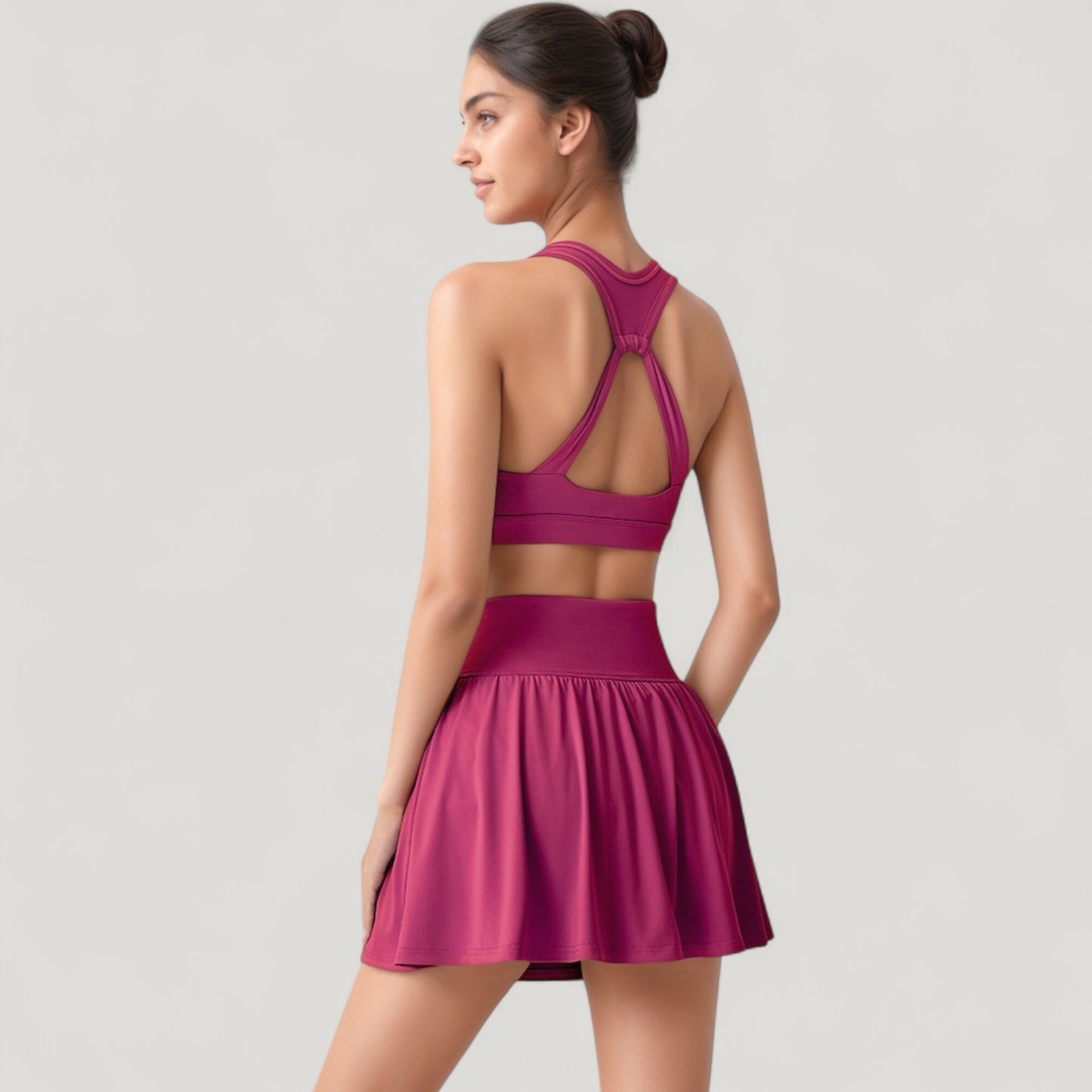 Anna-Kaci Women's High Waist Pleated Athletic Skirt and Ruched Sports Bra Set with Wide Waistband and Stretch Fit