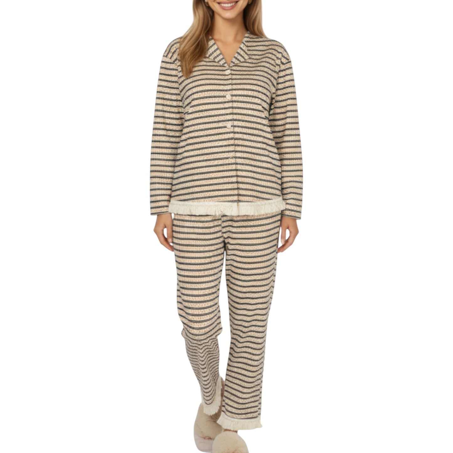 Anna-Kaci Lounge Women's 2-Piece Set Long Sleeve Button Front Top with Built-In Chest Pads and Relaxed Fit Pants Pajama Set