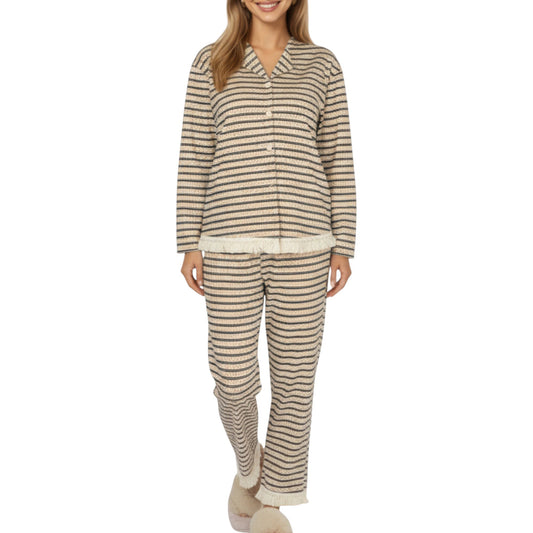 Anna-Kaci Lounge Women's 2-Piece Set Long Sleeve Button Front Top with Built-In Chest Pads and Relaxed Fit Pants Pajama Set