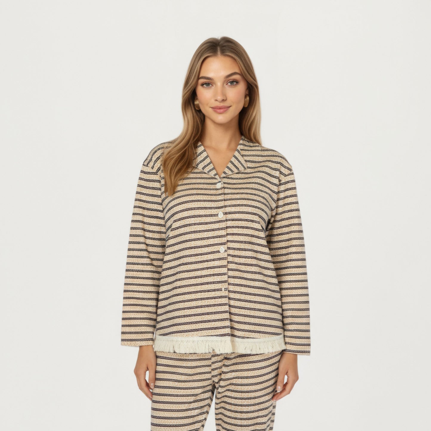 Anna-Kaci Lounge Women's 2-Piece Set Long Sleeve Button Front Top with Built-In Chest Pads and Relaxed Fit Pants Pajama Set