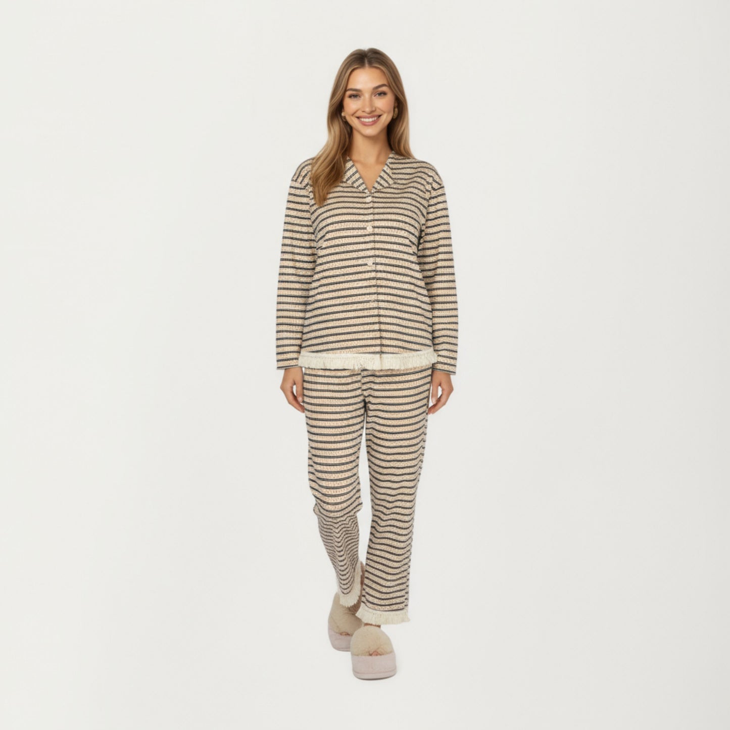Anna-Kaci Lounge Women's 2-Piece Set Long Sleeve Button Front Top with Built-In Chest Pads and Relaxed Fit Pants Pajama Set
