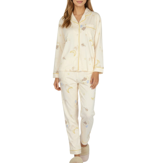 Anna-Kaci Lounge Women's 2-Piece Set Long Sleeve Button Front Top and Relaxed Fit Pants Pajama Set with Moon and Star Print