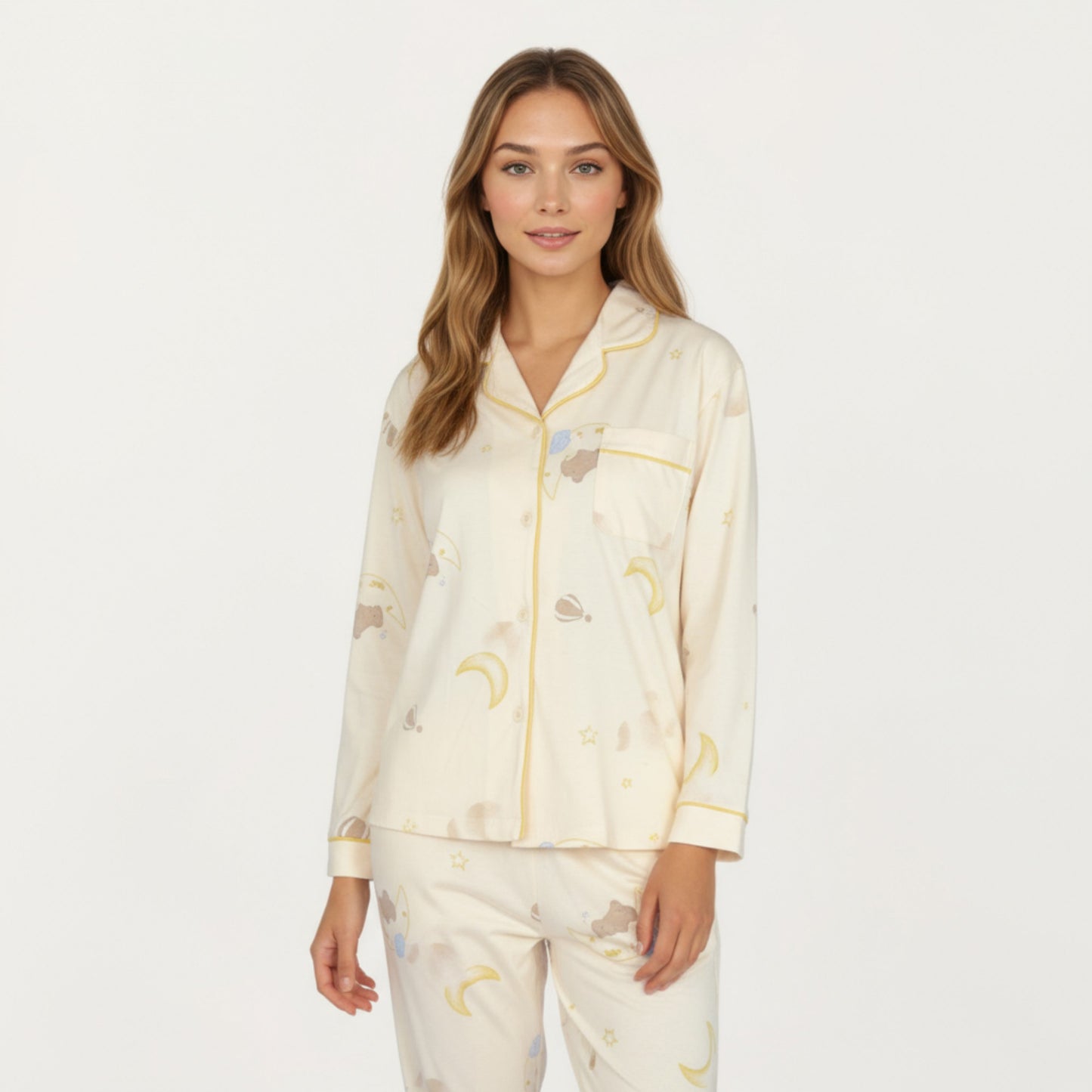 Anna-Kaci Lounge Women's 2-Piece Set Long Sleeve Button Front Top and Relaxed Fit Pants Pajama Set with Moon and Star Print